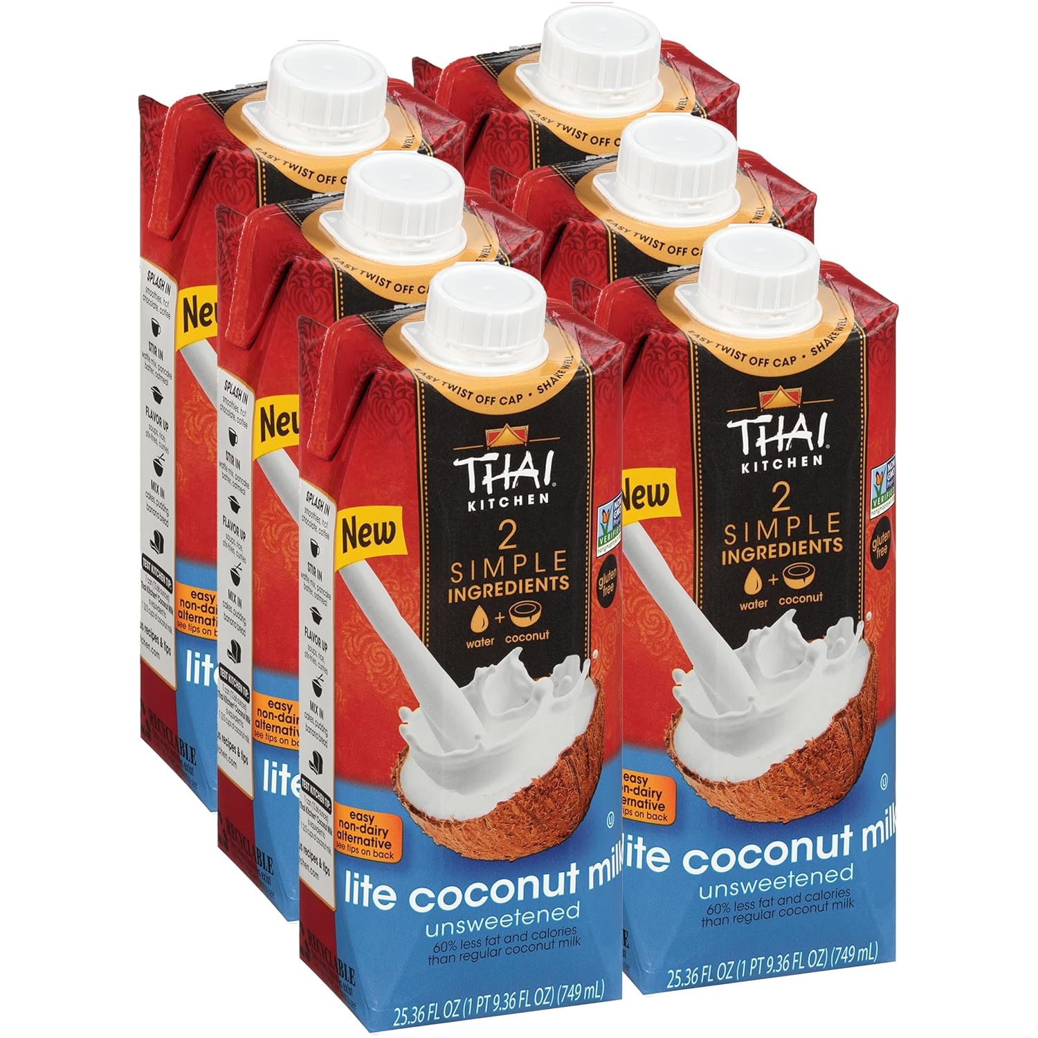 Thai Kitchen Unsweetened Lite Coconut Milk 25.36oz Pack of 6 - Gluten-Free Low-Fat Dairy-Free Alternative