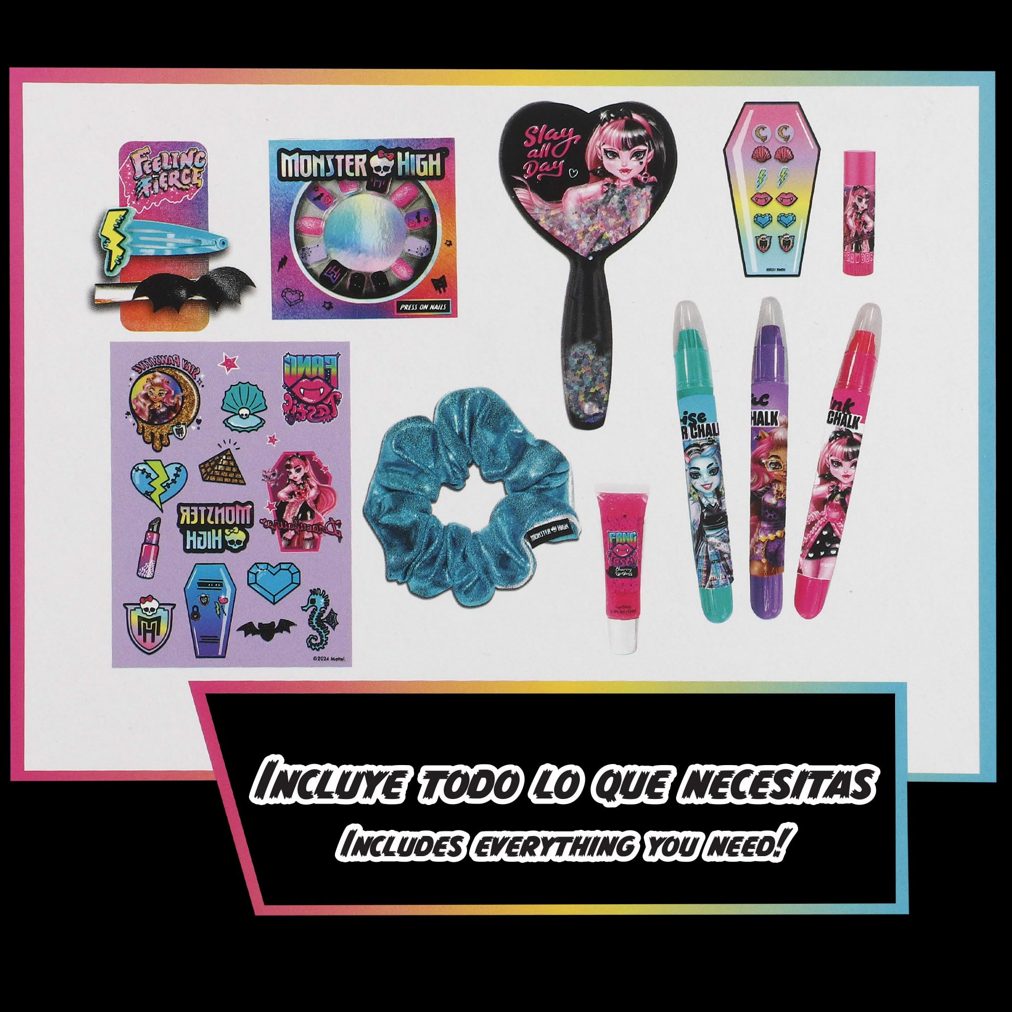 ColorBaby Monster High Beauty Set, Pędzel, Tatuaże, Sztuczne Paznokcie, Spinki do włosów i gumki, Kolorowe kredki do włosów, kolczyki samoprzylepne, błyszczyk i balsam do ust, makijaż dla dzieci, 3