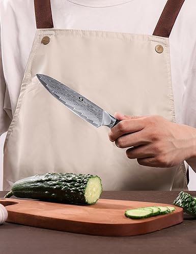 Miniatura 7 de WILDMOK Cuchillo de cocina de 5 pulgadas, Damasco Japón VG-10, cuchillo de cocina de acero afilado, mango ergonómico de resina de color, caja de