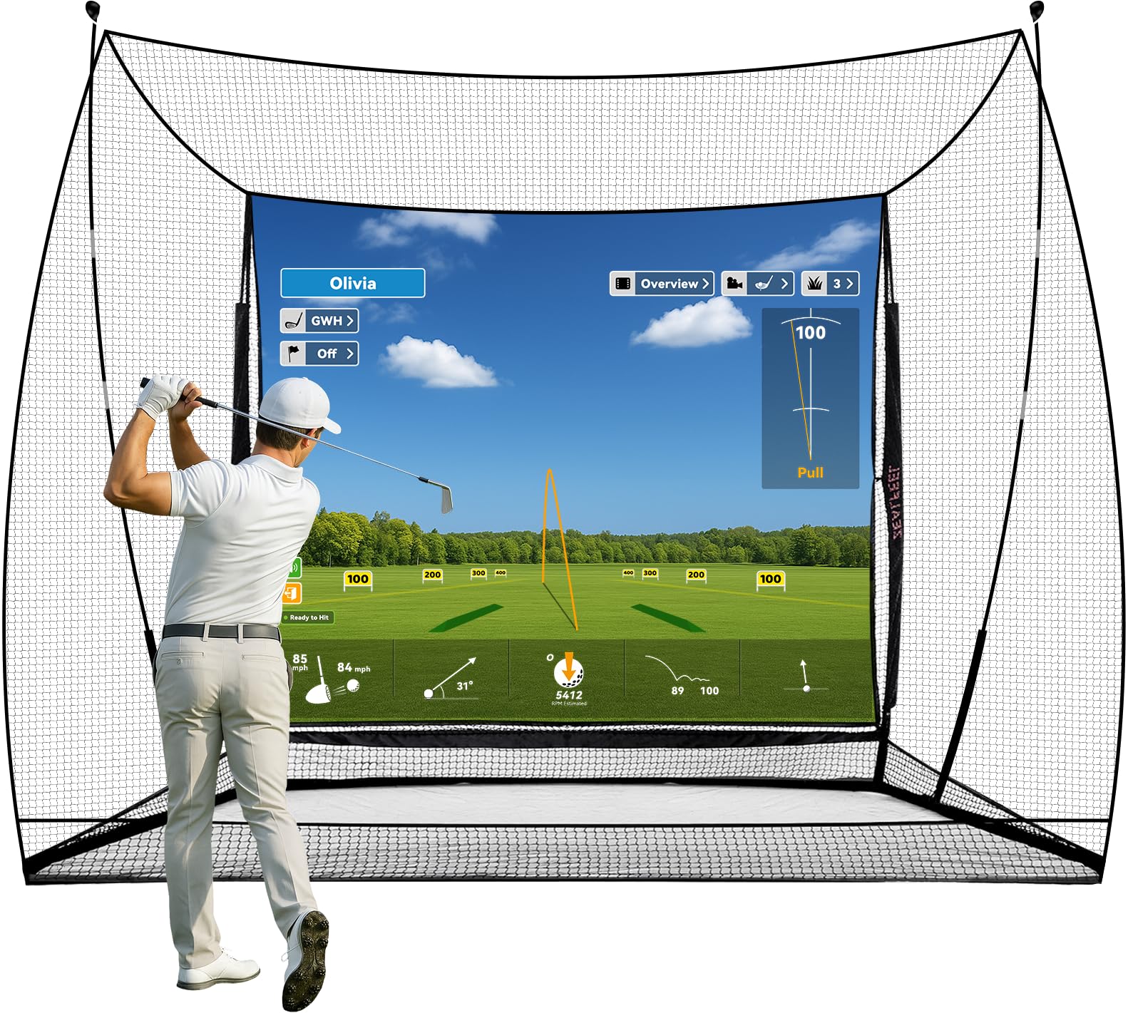 ZEALFEEL Golf Simulator Cage with Side Barriers&Impact Screen – 10x8 FT Golf Net with Dual-Layer HD Simulator Screen for High-Speed Shots, Practice Net with Ball Return for Indoor Outdoor Backyard