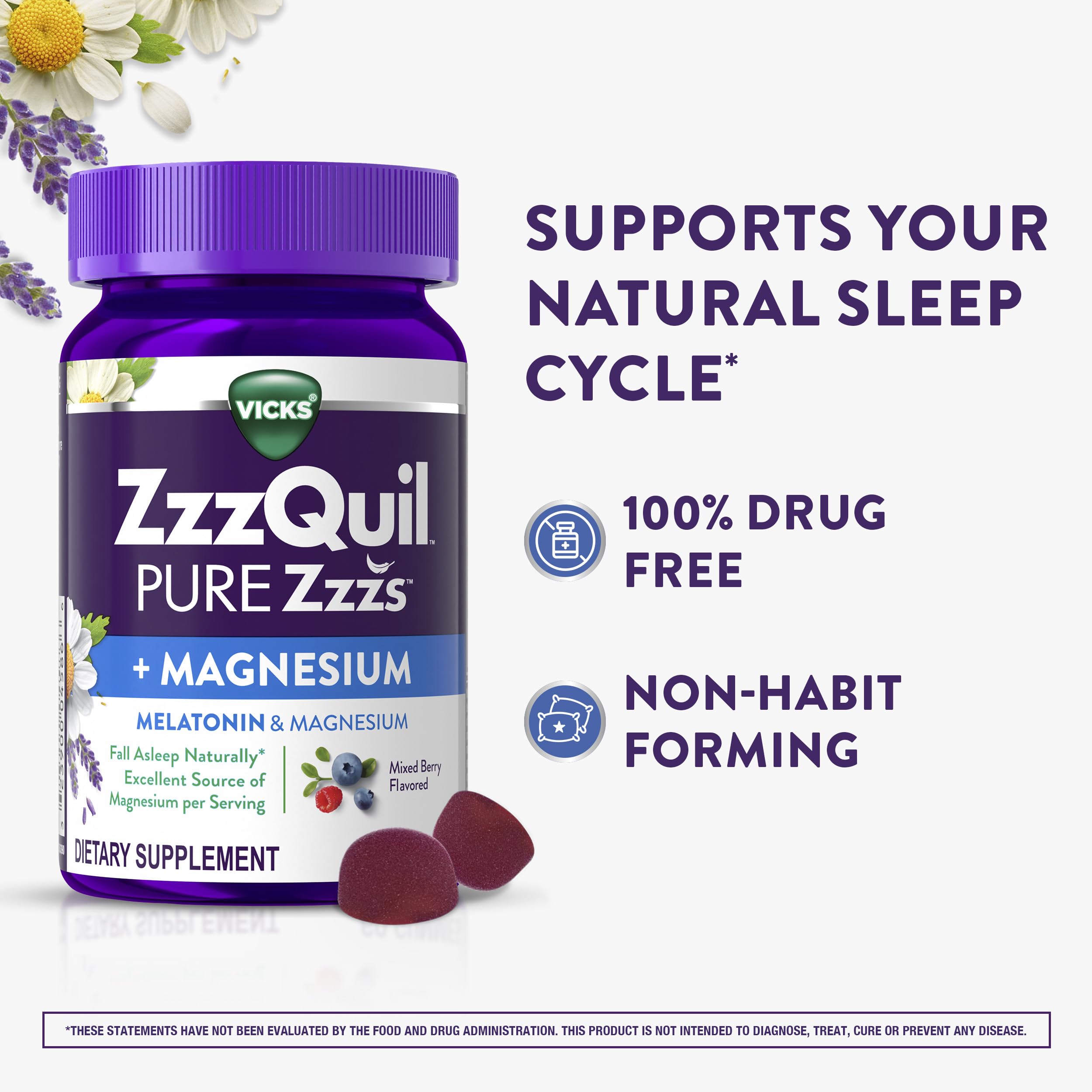 ZzzQuil Pure Zzzs + Magnesium, Sleep Aid, Magnesium Citrate and Melatonin Gummies, Melatonin 2mg, Sleep Aids for Adults, Mixed Berry Flavored, 60 Sleep Gummies — Amazon image 3
