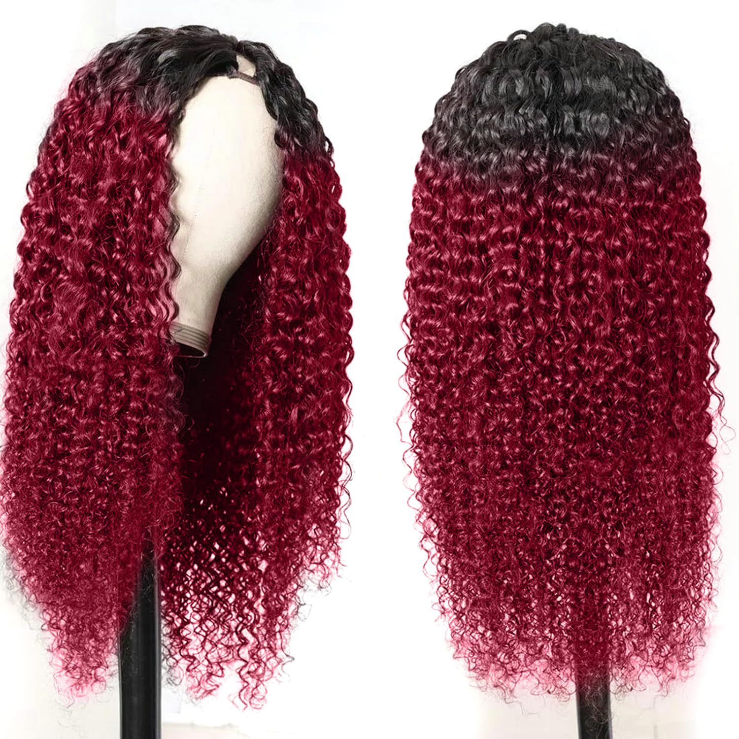 Black Root Burgundy Curly V Part Wigs - Human Hair Upgrade U Part Wigs - 18Inch, 1B/99j, 18 Inch - Image 2
