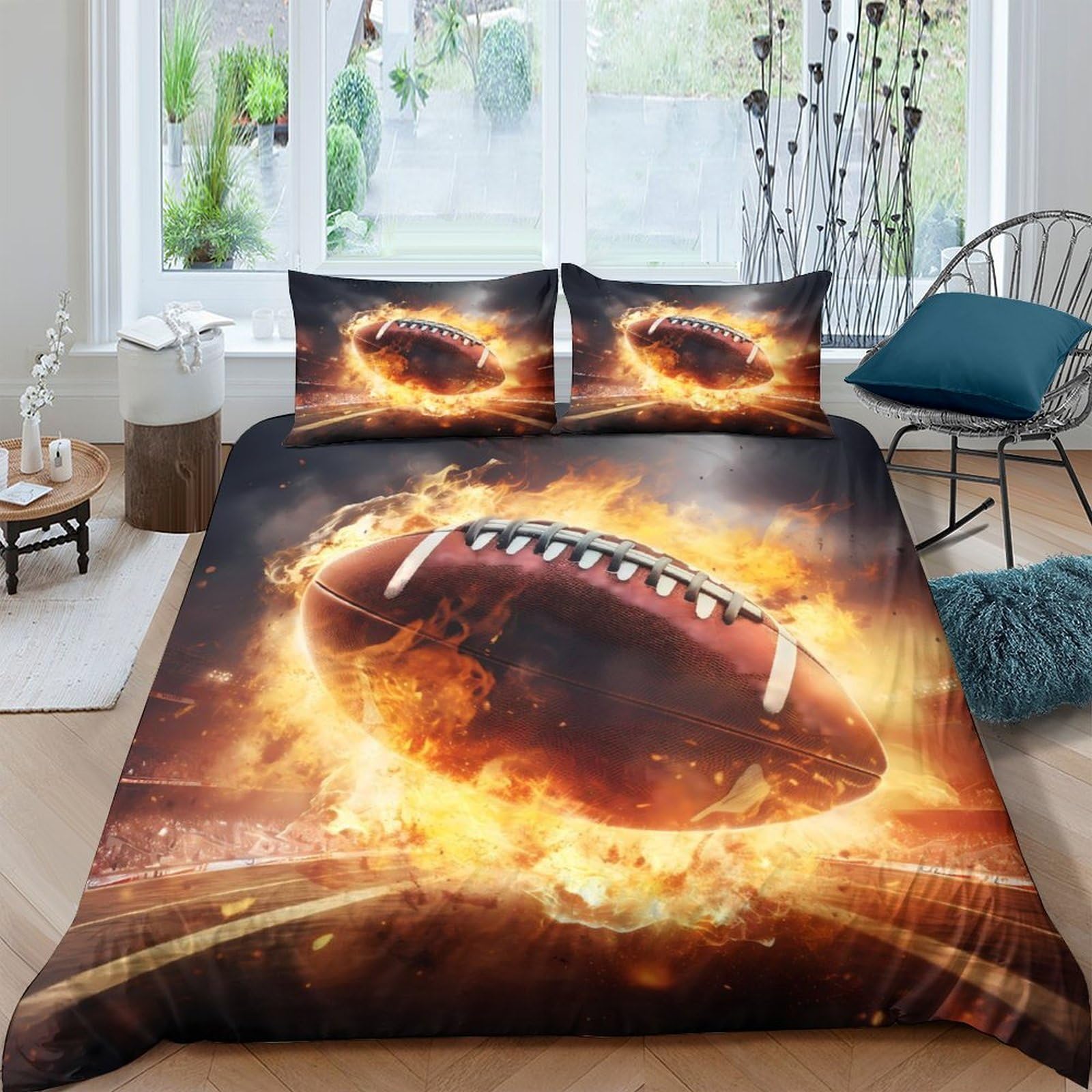 Ctjqhvkz Style-4 3D Printed Fire Football Fitted Sheet Microfiber Soft Orange Stadium Bed Cover For Bedroom Guestroom Mattress Protection Single（135X200cm）