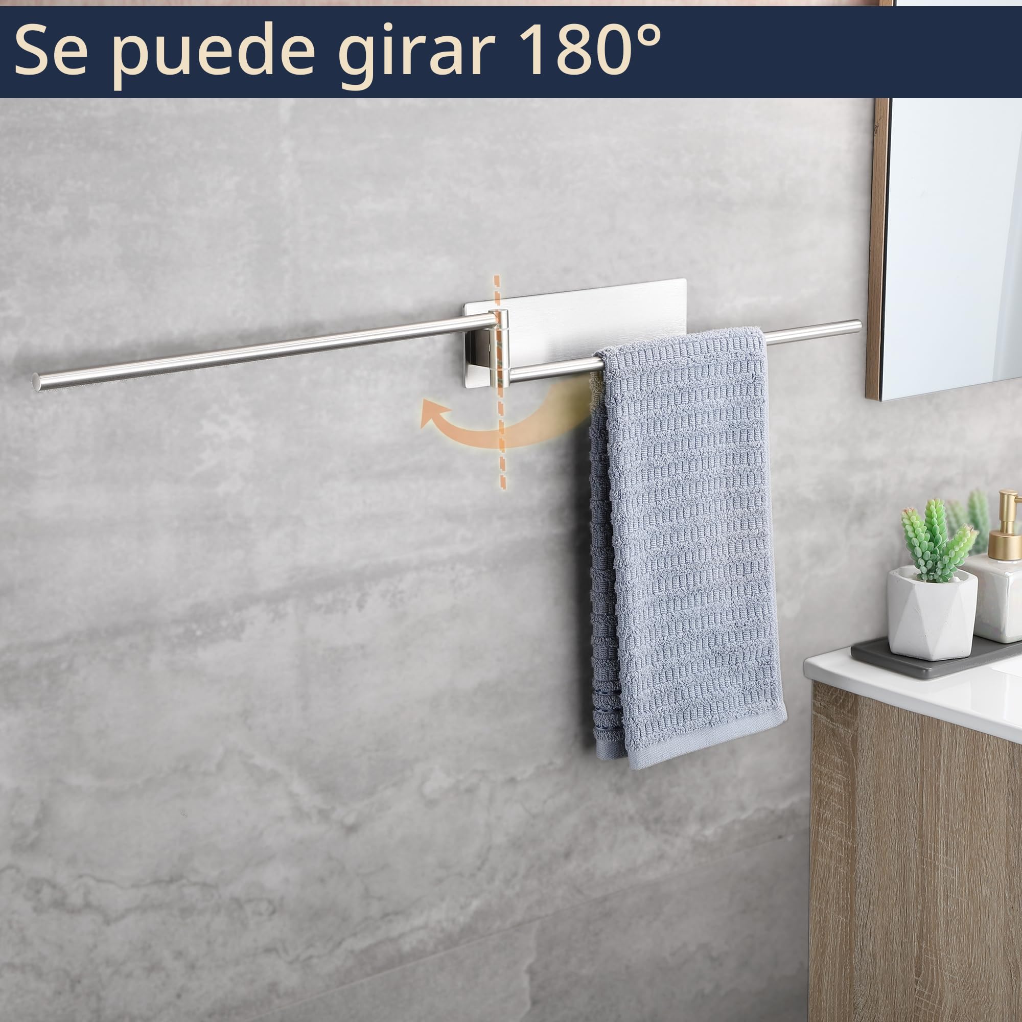 Toallero Sin Taladro Baño Giratorio 180°, 304 Acero Inoxidable Toallero de Baño Adhesivo, Toalleros de Baño Pared Plata