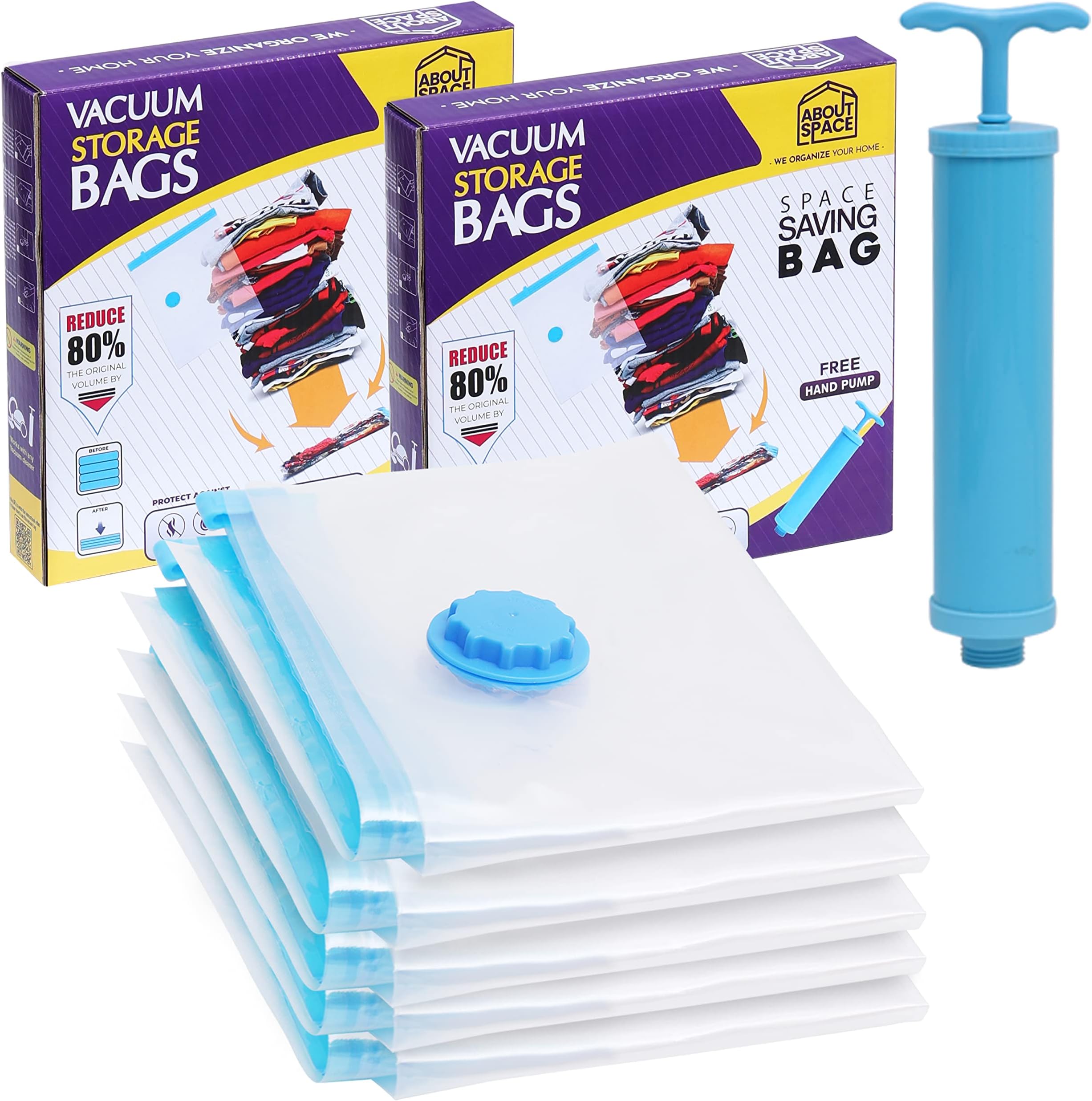 ABOUT SPACE 10 Pcs Vacuum Bags for Travel with Pump - Reusable Packing Vacuum Storage Bags for Cloth with Ziplock, Space Saver Bags/Sealer Bags for Home 4(40x60 cm), 4(50x70 cm), 2(60x80 cm)