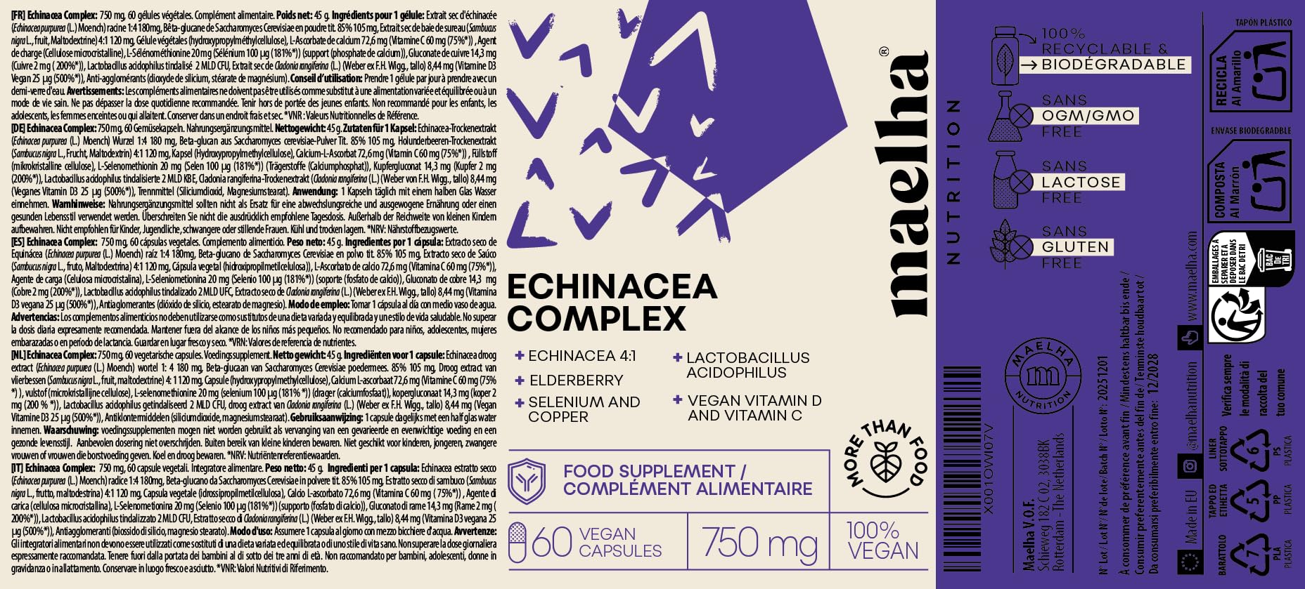 Echinacea-Immunkomplex | Echinacea, Beta-Glucane, Holunder, Vitamine C und D, Selen, Kupfer, Lactobacillus acidophilus | Immunsystem | 60 Kapseln | 100% natürliche Ergänzung