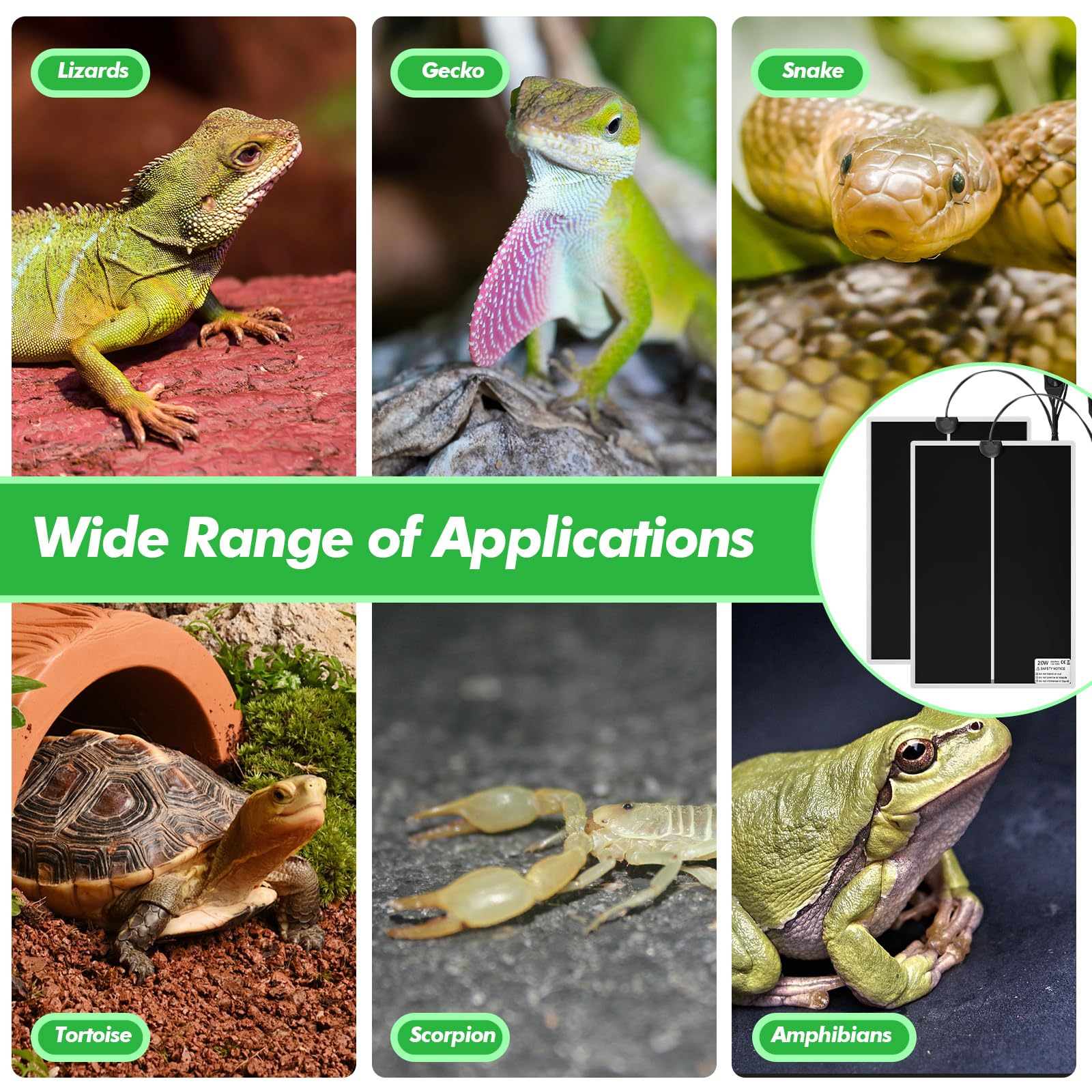 ROCEEI 3 alfombrillas de calor para reptiles de 11 x 16.5 pulgadas, 20 W, almohadilla de calefacción para reptiles con control de temperatura, alfombrilla de calor extraíble para terrario debajo del