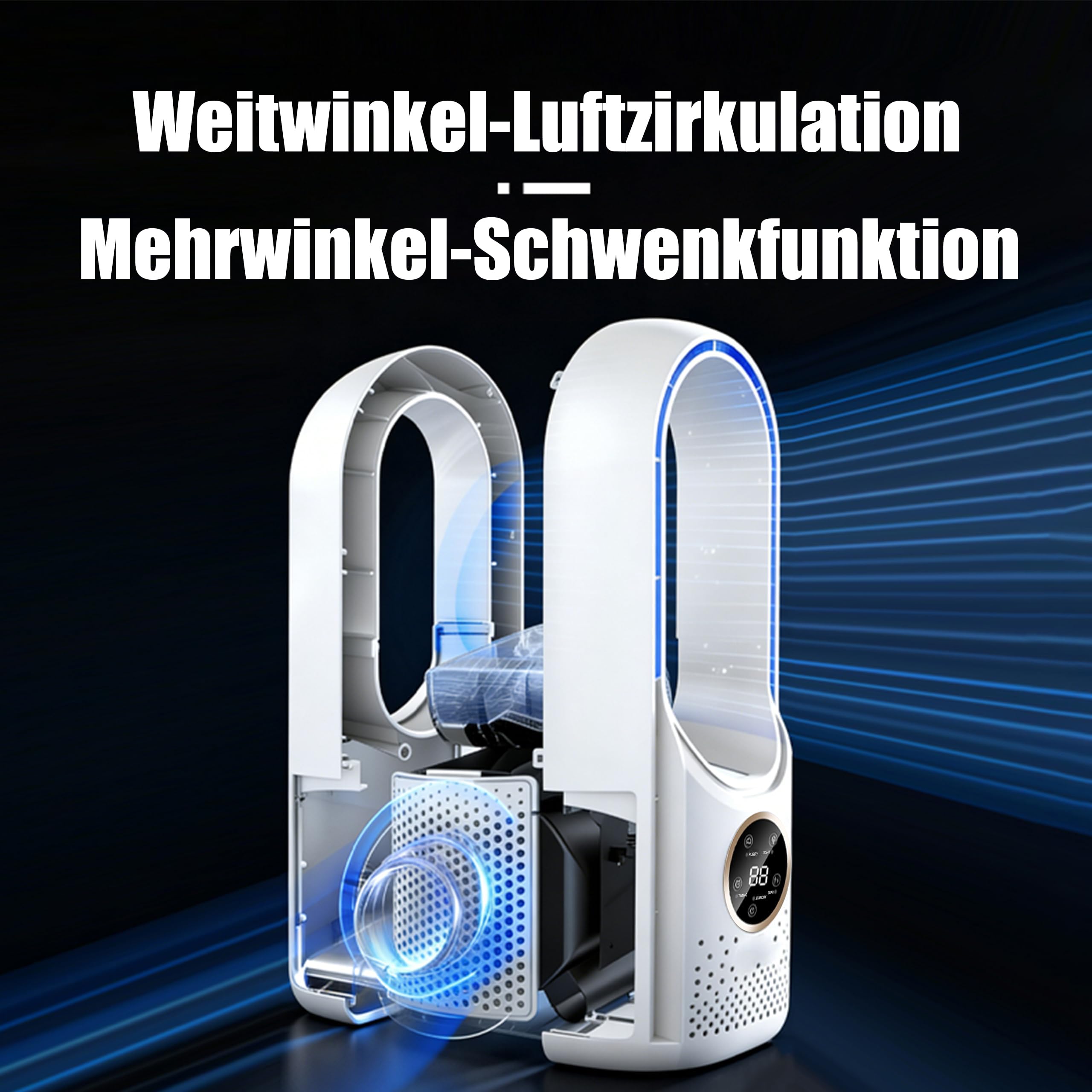 Ventilatore da tavolo senza pale, 6 livelli di velocità del vento, USB con umidificatore, timer, luce LED, silenzioso, funzionamento touch, per camera da letto, ufficio, casa e ufficio