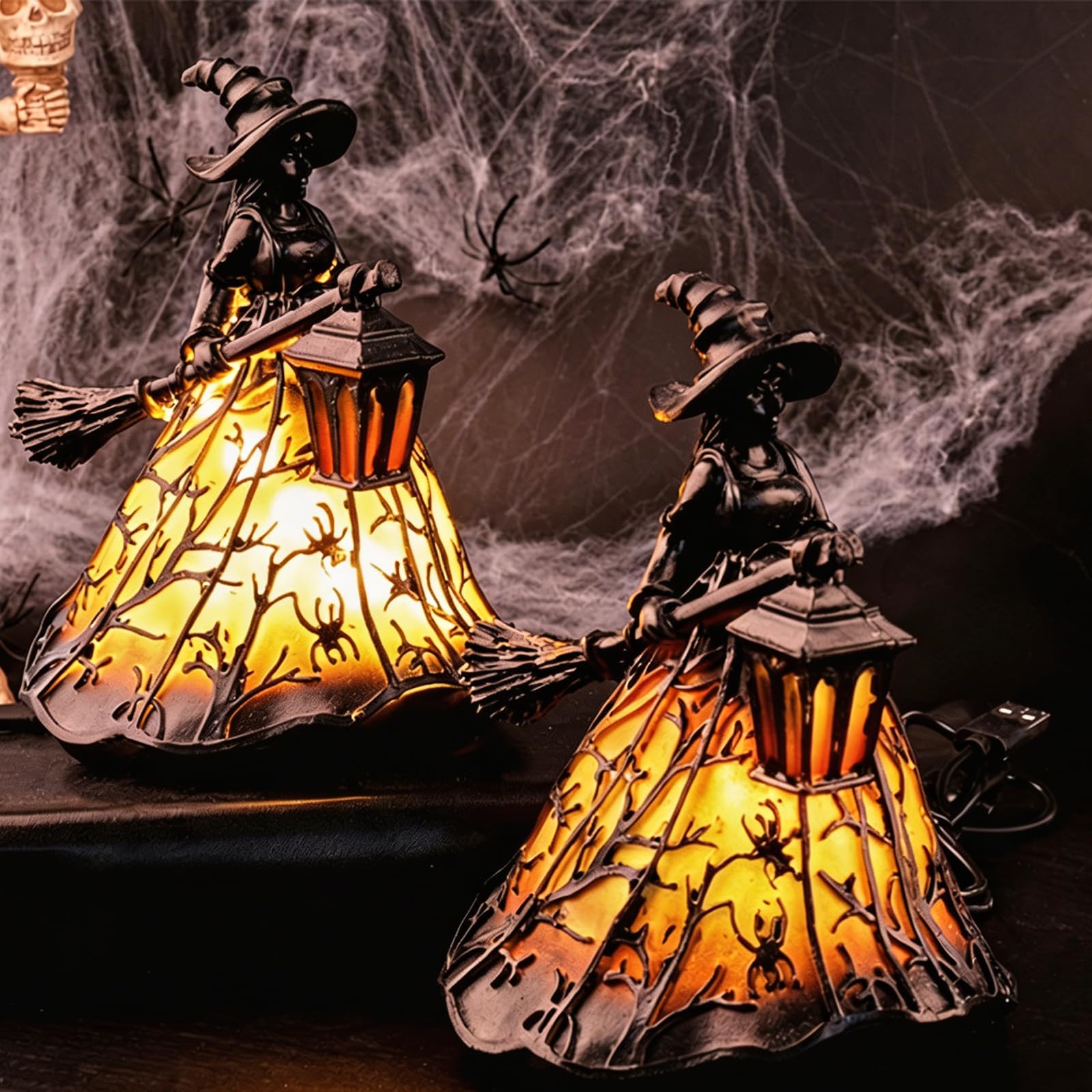 Stained Glass Witch Hat Lamp USB Charging Halloween Spooky Witch Table Lamp