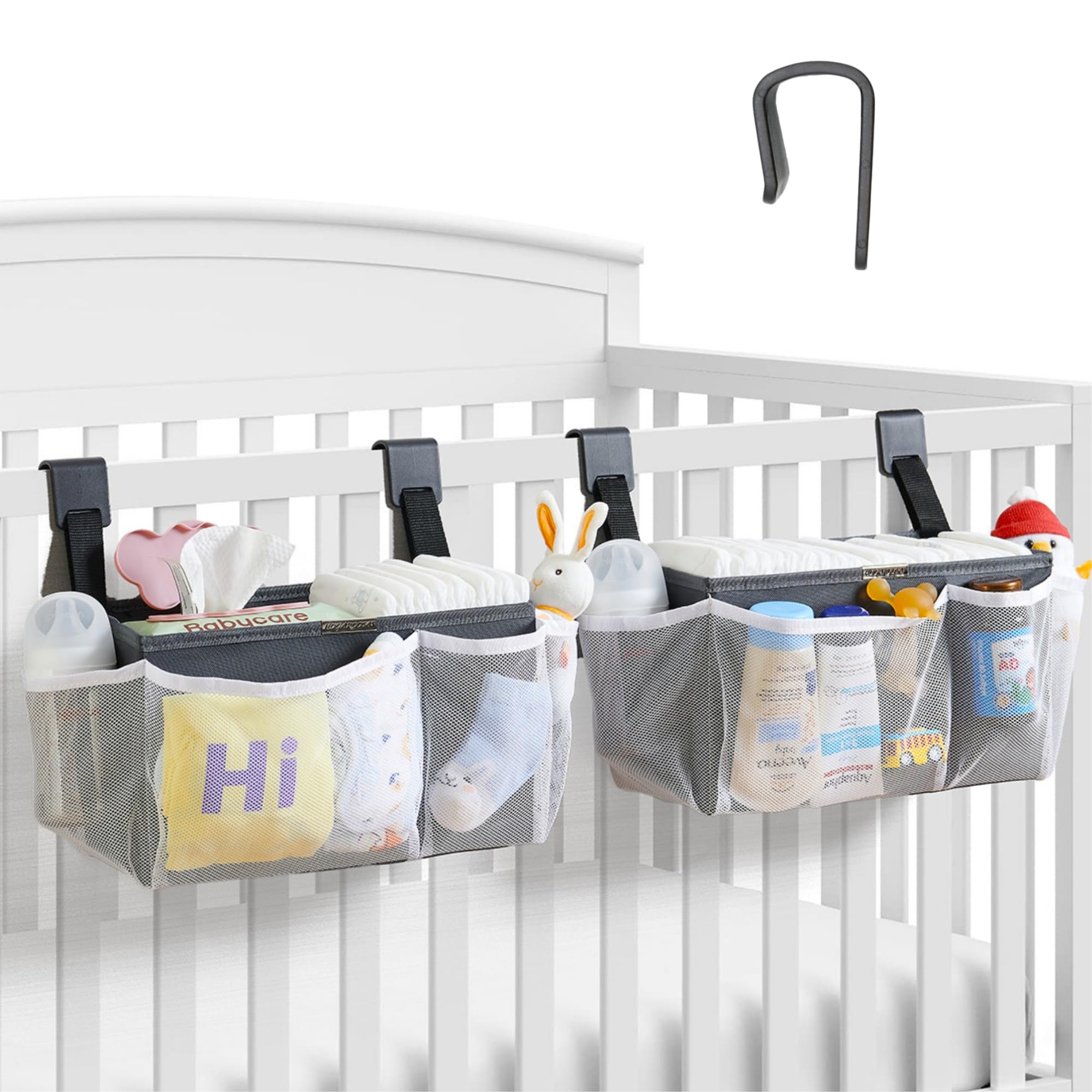 HOGARCOSAS 2-Pack Hanging Nappy Caddy Organiser for Cot, Crib, Playpen and Changing Table, Holds 50+ Nappies, Baby Essentials Storage with Secure Hook Straps - Grey