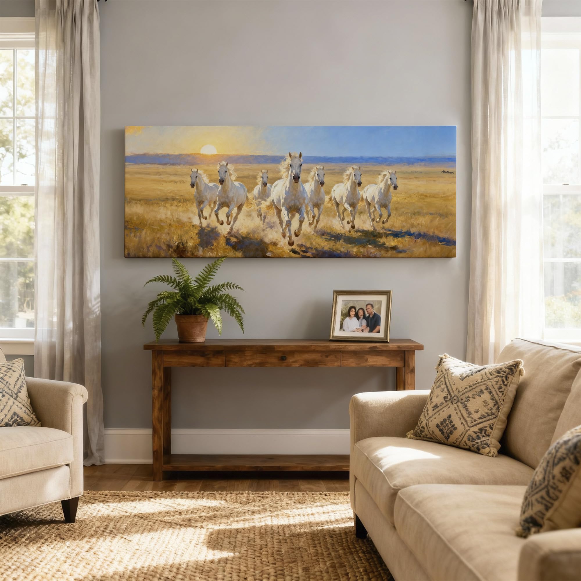 SoulAbiti Vastu Seven White Horses Calm Morning Unframed 36x14 inches Rolled Canvas Wall Realism Art UV Print Painting for Living Room, Bedroom & Office Decor Premium Gloss Vivid Fade-Resistant Print 3