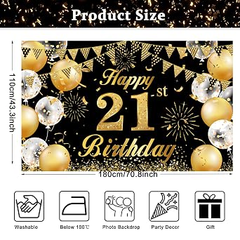 Happy 21th Birthday Banner Party Decorations, Black and Gold Happy Birthday Backdrop 1.1 x 1.8m Photo Backdrop Background for 21 Years Old Party Supplies Men Women