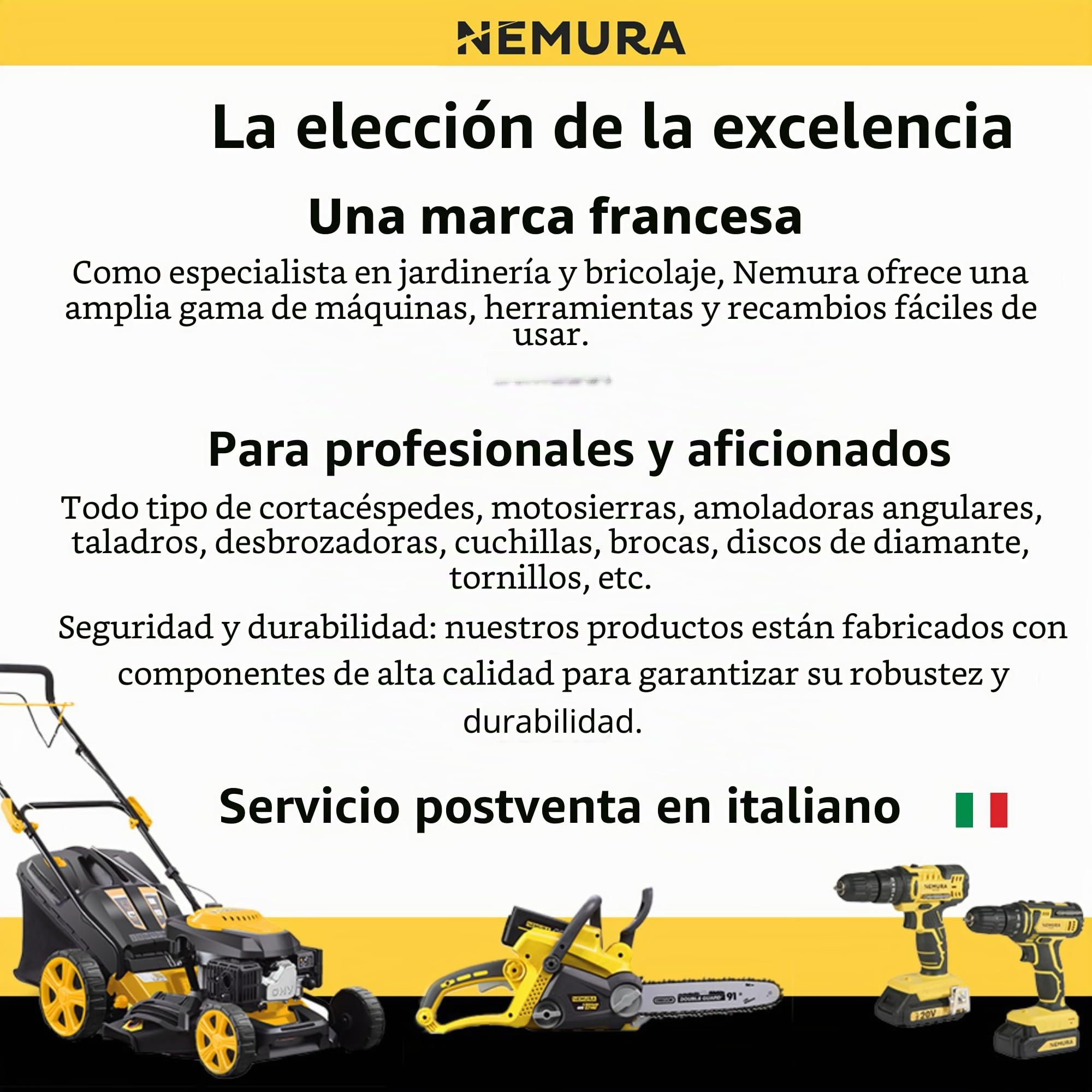 Nemura Desbrozadora Batería 40 V – L: 43 cm + Cable + Hoja + 1 batería de 4 Ah y Cargador rápido – Herramientas de jardín de Calidad – Marca Francesa