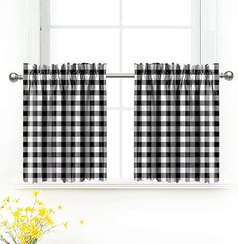 Deztibos Buffalo - Juego de 2 cortinas de ventana de granja en blanco y negro, con bolsillo para barra, 36 pulgadas de largo