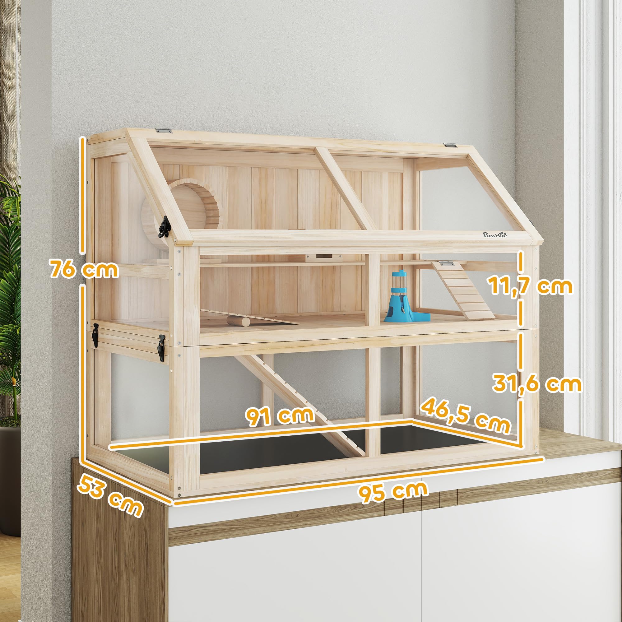 PawHut Jaula de madera para hámster de 3 niveles, 95 x 53 x 76 cm, jaula para roedores pequeños con balancín, rueda, cabaña profunda, jaula para ratones para hámster enano, madera natural