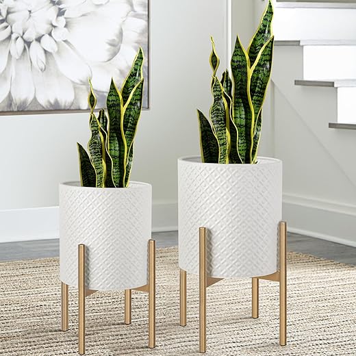 Oakrain Mid Century Planters for Indoor Plants, Set of 2, Modern Decorative Metal Planters for Living Room, Office, Garden or Balcony, White Planters with Glod Plant Stands, 10 inch & 12 inch