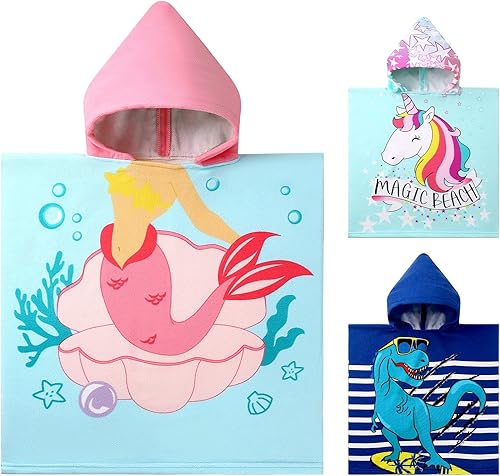 DERTE 3 toallas de playa para niños de 47 x 24 pulgadas toalla de baño con capucha para niños y niñas de 1 a 6 años 47 x 24 pulgadas sirena