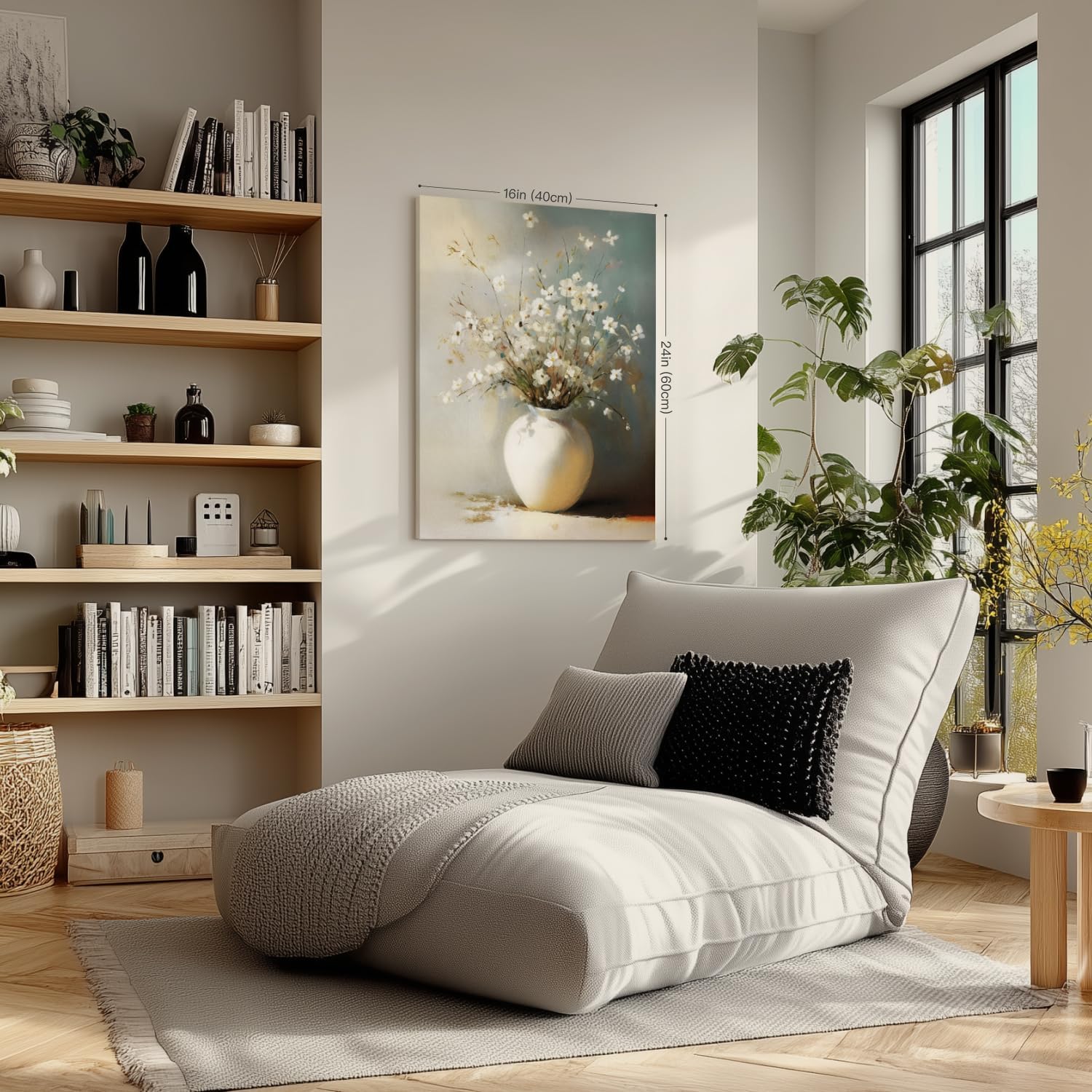 HLXRAE Framed White Floral Wall Art, Rustic Farmhouse Bathroom Wall Decor, Soft Neutral Wildflower Still Life Canvas Print, Minimalist Botanical Aesthetic Picture for Bedroom Laundry 16x24 Inch