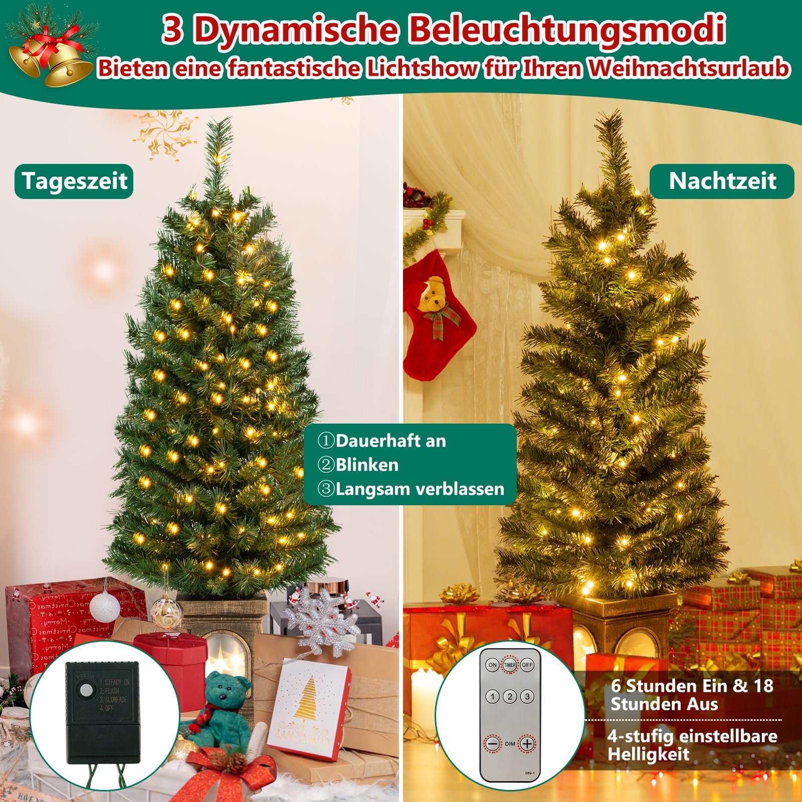 COSTWAY 120 cm künstlicher Weihnachtsbaum mit Beleuchtung, Tannenbaum im Topf, 3 Lichtmodi, mit warmweißen LED-Lichtern & Timer & 160 PVC Zweigspitzen, Christbaum Topfbaum für Eingang Haus Büro, Grün