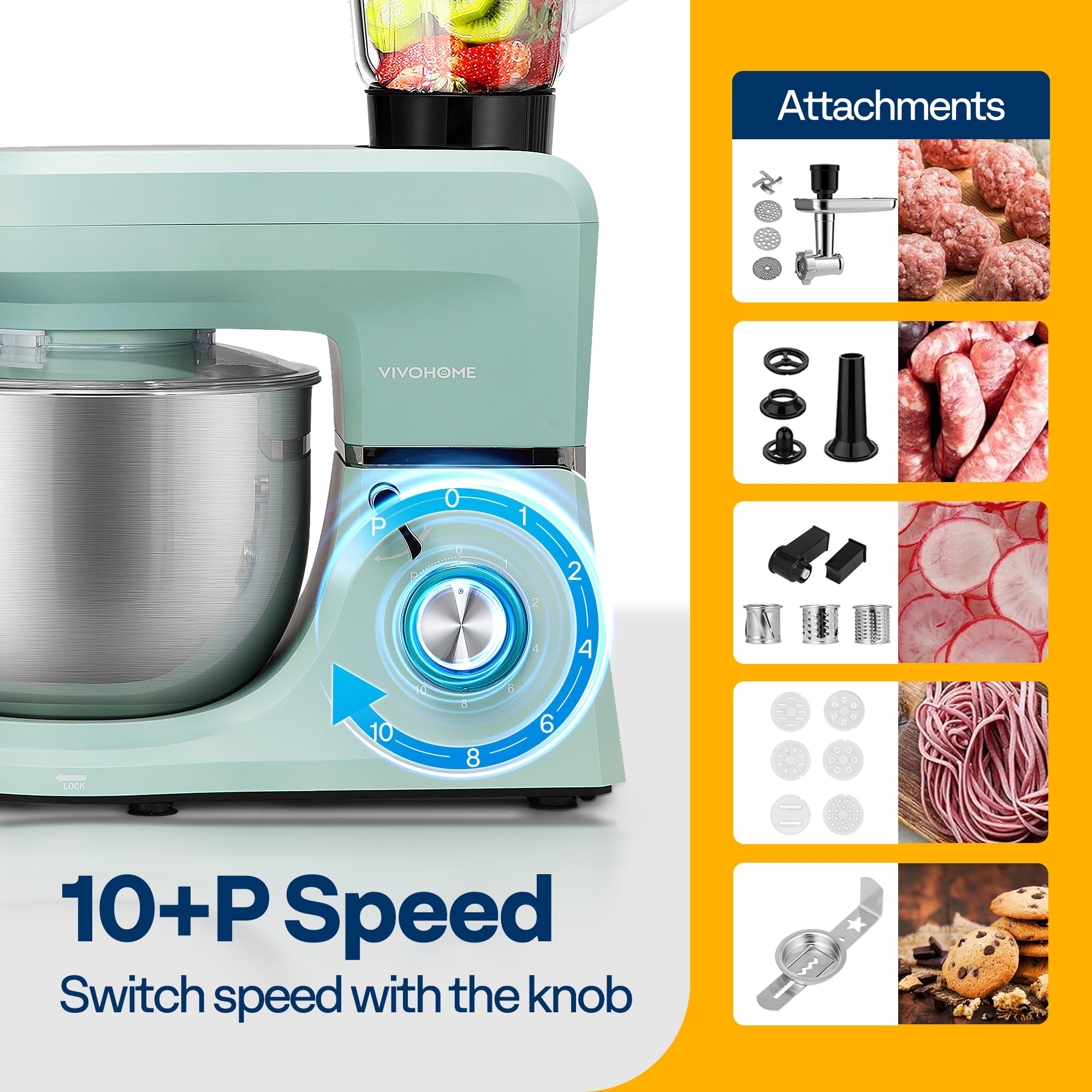 VIVOHOME 6-in-1 Stand Mixer, 8.5 Quart Electric Tilt-Head Kitchen Mixer with Bowl, Multifunctional Food Mixer for Cake, Bread, and Dough, with Meat Grinder, Blender, Pasta Maker Attachments, Red: 6-in-1 Blue