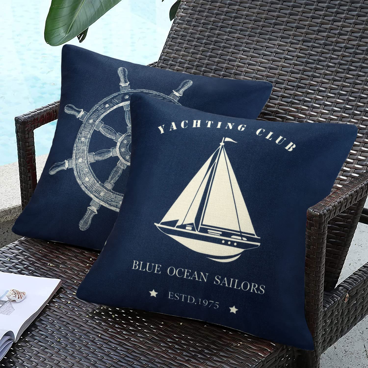 Federe Cuscini Decorativi per Divano Esterno Fodera per Cuscino in Lino Impermeabili Nautico Ancora Timone Bussola Barca a Vela Copricuscini 40x40 cm per Divani Casa Camera da Letto Decorazione 4 Pack