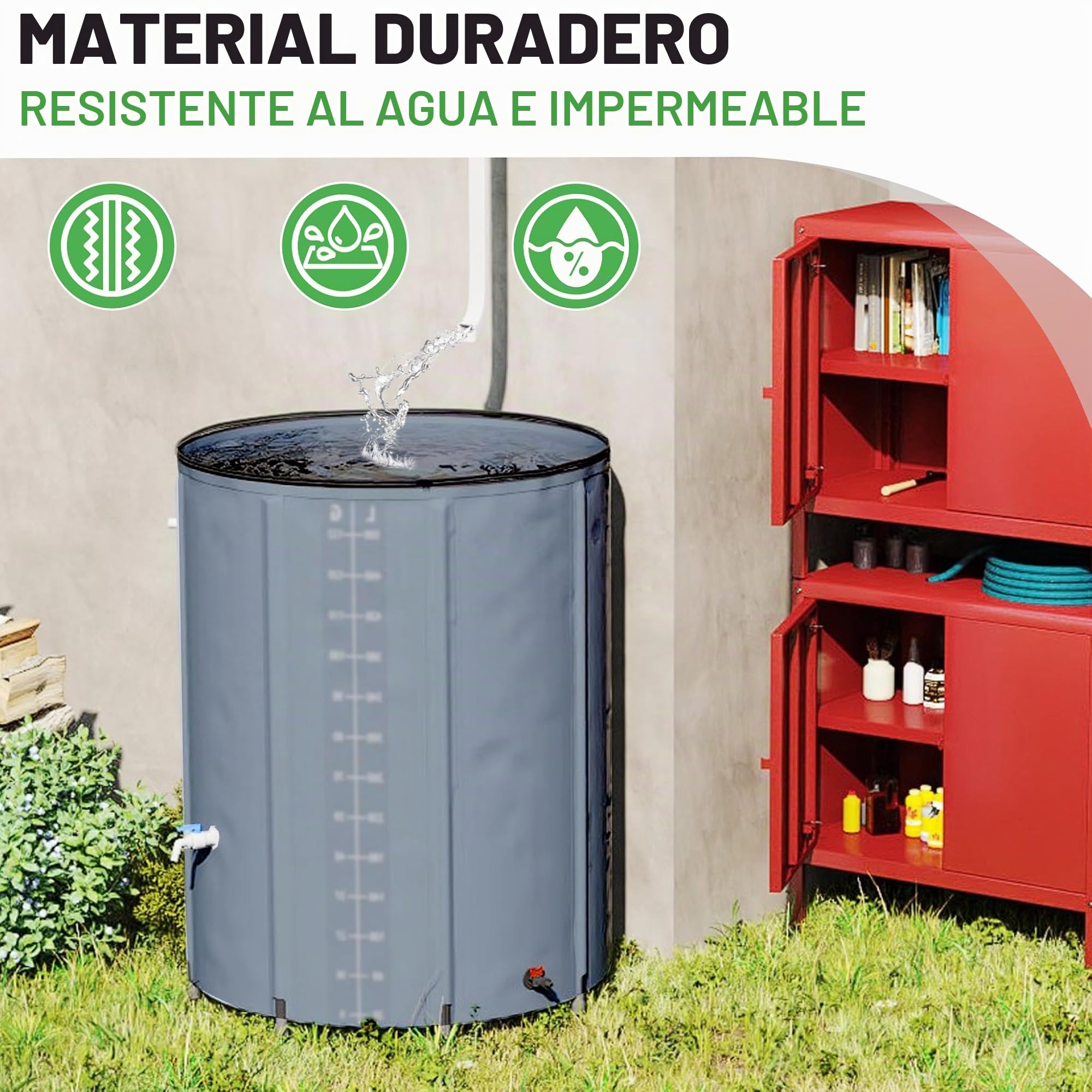 FIVMEN Depósito de Agua Lluvia 750 litros Barril de Lluvia Tanque de Agua Plegable Contenedor Agua de PVC con Tapa y Grifo, Gris Oscuro