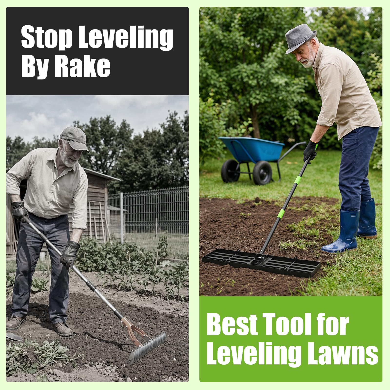 GARDTECH Rasenrakel 75x25 cm | Nivellierrechen aus Edelstahl mit Anti-Kipp-Design | 195 cm Verstellbarer Stiel für Rasen, Erde, Sand, Topdressing | Rasenrechen für Garten, Golfplatz
