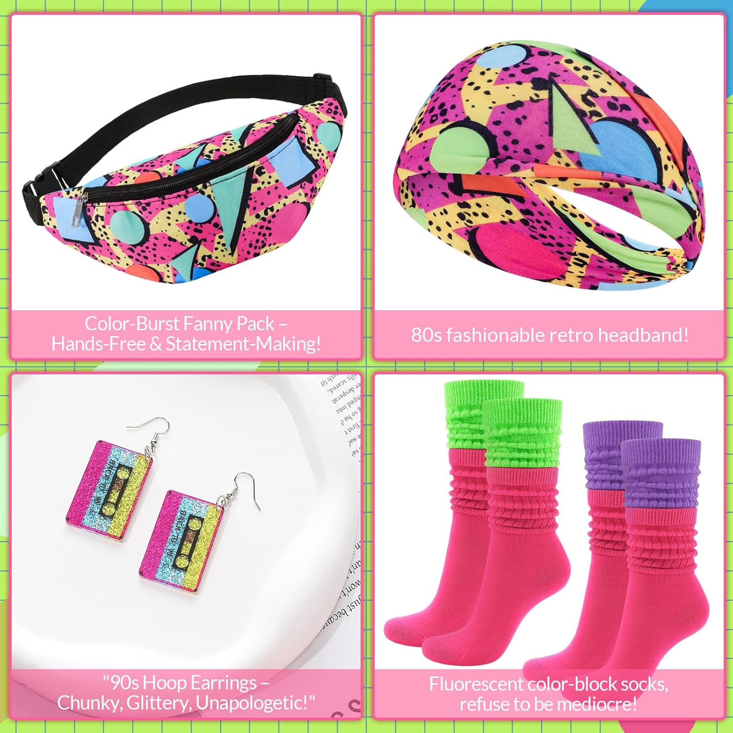 80s Costume Accessories Set, Neon Retro Fanny Pack Hairband Fishnet Slouch Socks for Party Halloween - Image 4