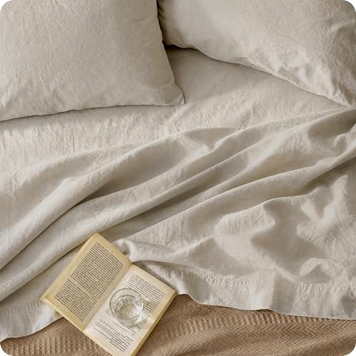 Bedsure PureWoven Linen Sheets Queen Size, Cotton Linen Blend Sheets, 4PCS