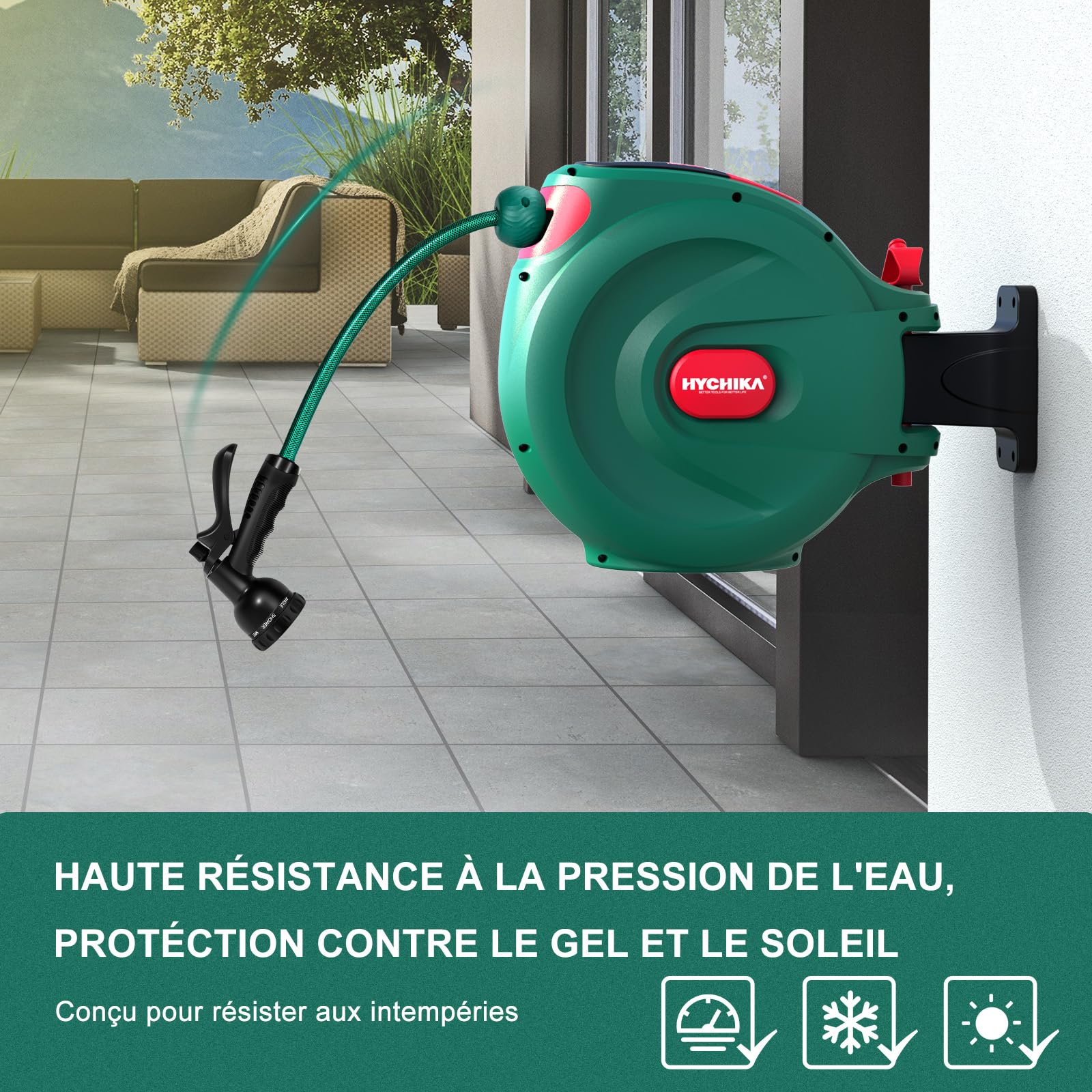 HICHIKA Enrouleur de Tuyau d'Arrosage 20m – Enrouleur Extensible Murale pour Jardin avec Verrouillage et Enroulement Automatique, Buse à 8 Modes, Boîte Pivotante 180°, pour Arrosage Extérieur