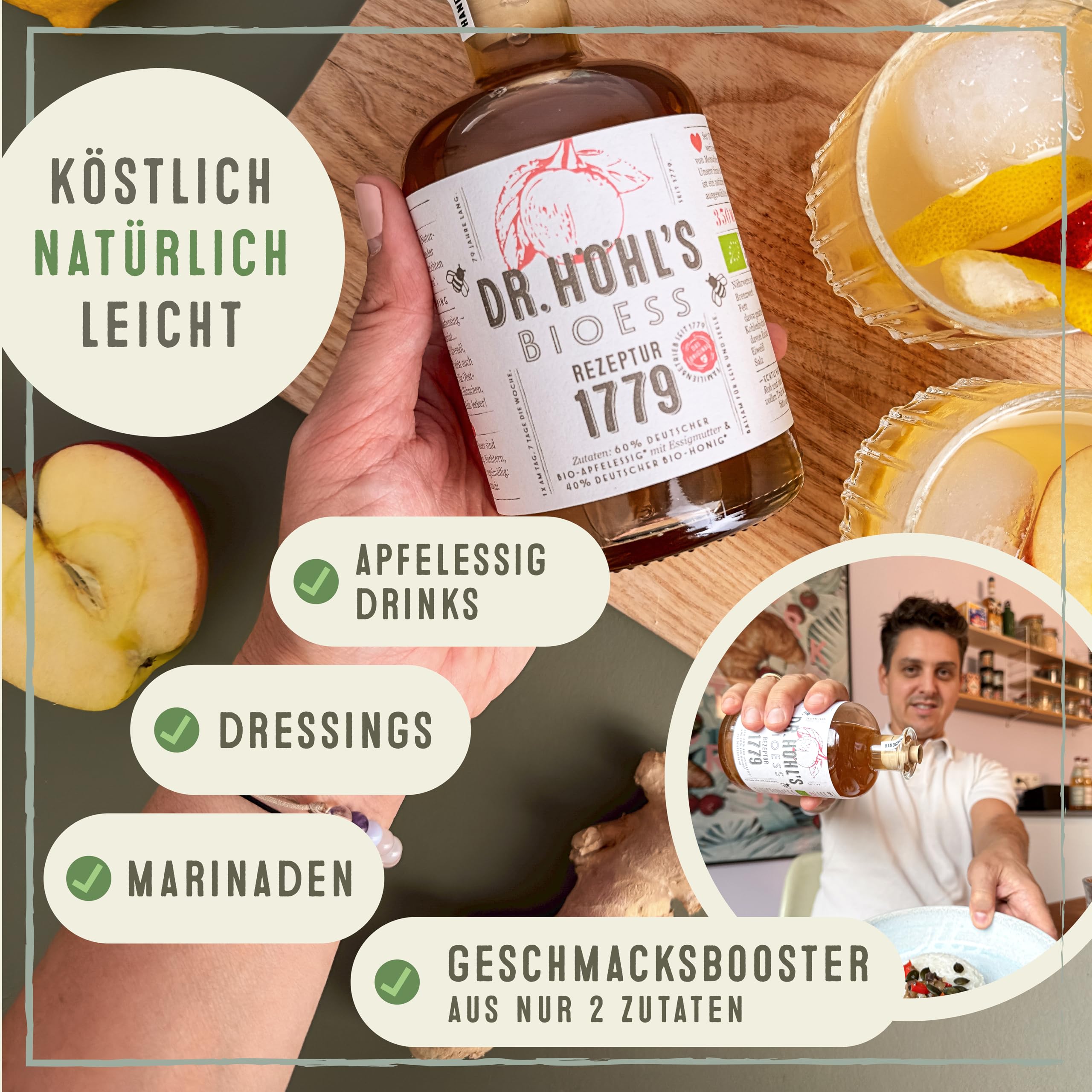 Vinagre de manzana ecológico con miel, paquete de 6 unidades: suave y natural, con madre de vinagre y miel ecológica. REZEPTUR 1779 de DR. HÖHL’S. Producto artesanal elaborado con manzanas alemanes.
