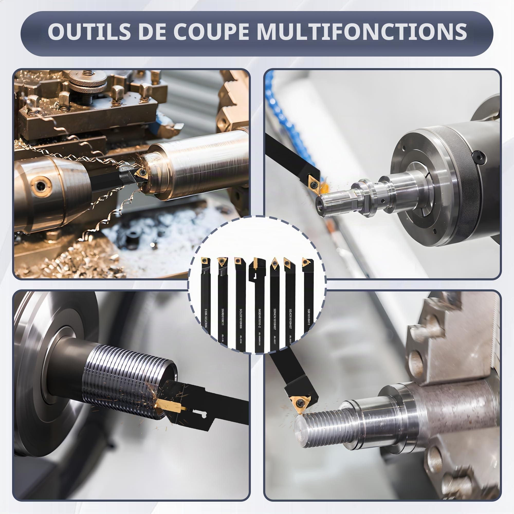 Lot de 21 outils de tournage indexables avec tiges de 10 mm, 7 porte-outils de tournage en métal et 14 inserts en carbure pour tournage, rainurage, filetage, barre d'alésage et outil de coupe