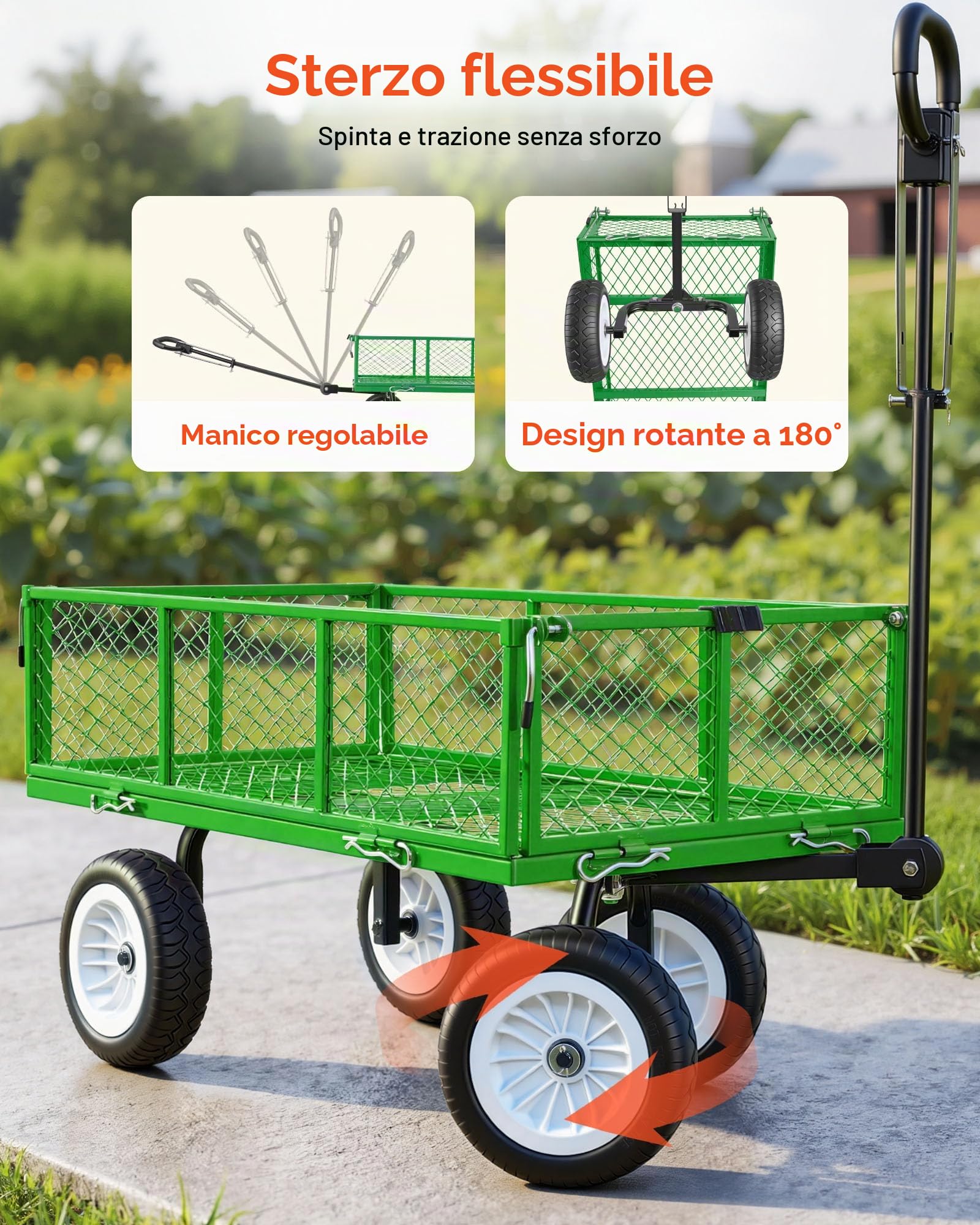 VEVOR Carrello da Giardino in Acciaio Portaoggetti Carico max 408,2 kg Carrello da Trasporto per Legna Terra Detriti Lati Rimovibili Ruote Antiforatura in PU, Carretto Compatibile con Trattori, Verde