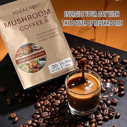 Miniatura 4 de Café de hongos, 6 hongos adaptogénicos orgánicos Cordyceps, Reishi, melena de león - Mejorado con aceite MCT, café instantáneo sin OMG - 6.35 oz, 30