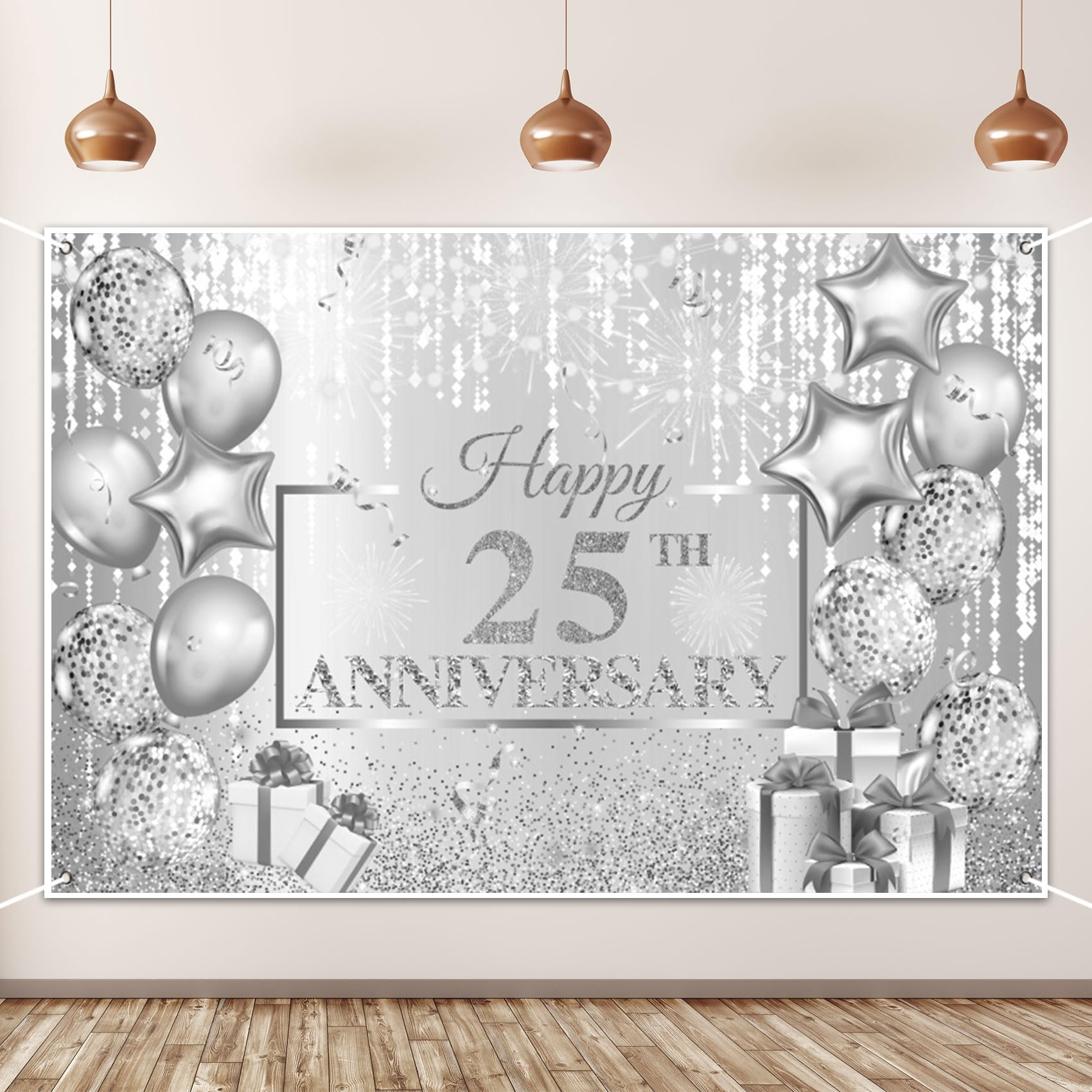 AOFOTO Happy 25th Anniversary Backdrop Glitter Grey Spots Ballons Printed Photography Background 25 Years Wedding Anniversary Party Home Wall Decor