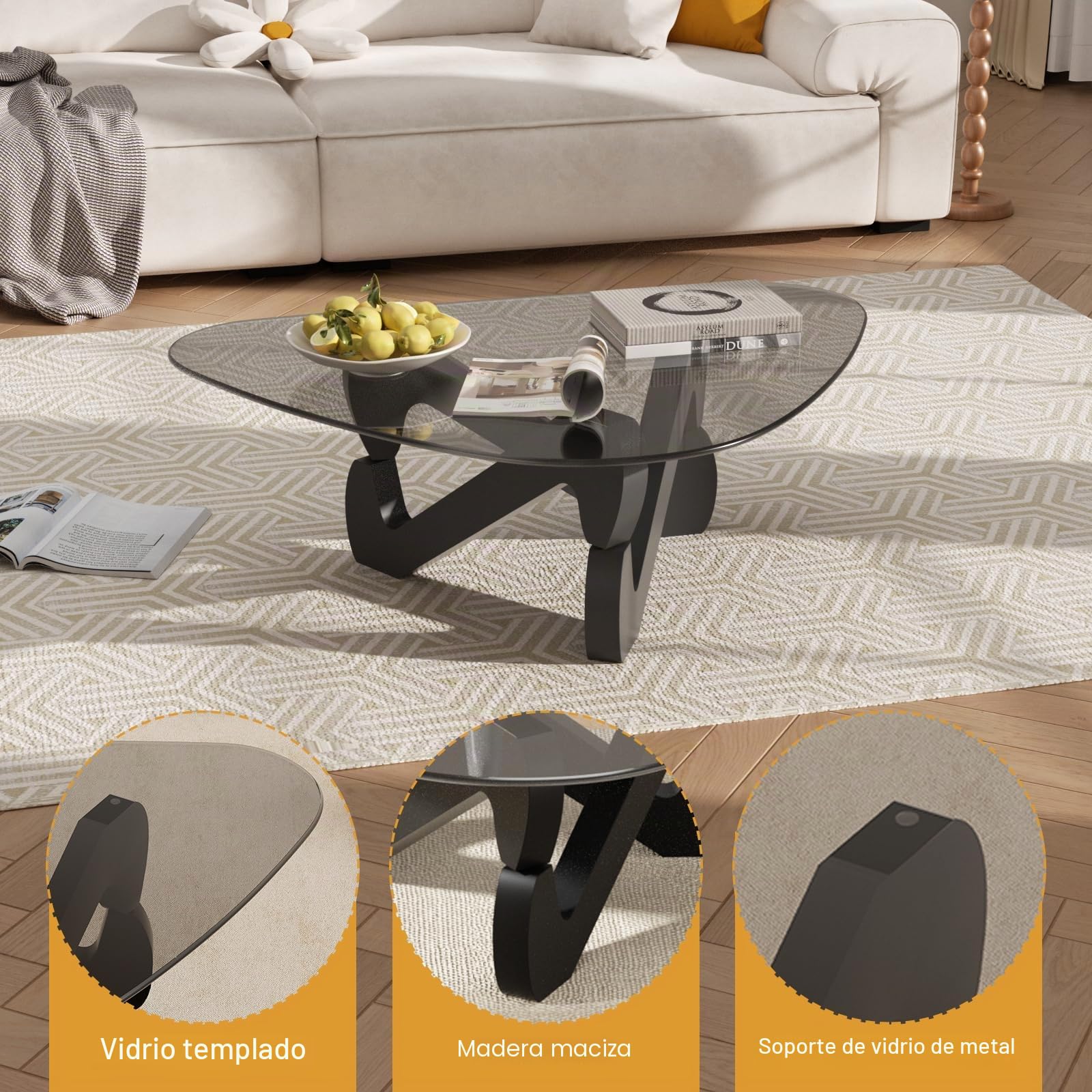 Mesa de centro de cristal triangular, mesa de centro moderna con base triangular de madera maciza y vidrio templado grueso, mesa auxiliar, mesa de café elegante para sala de estar oficina, 82 x 57 x