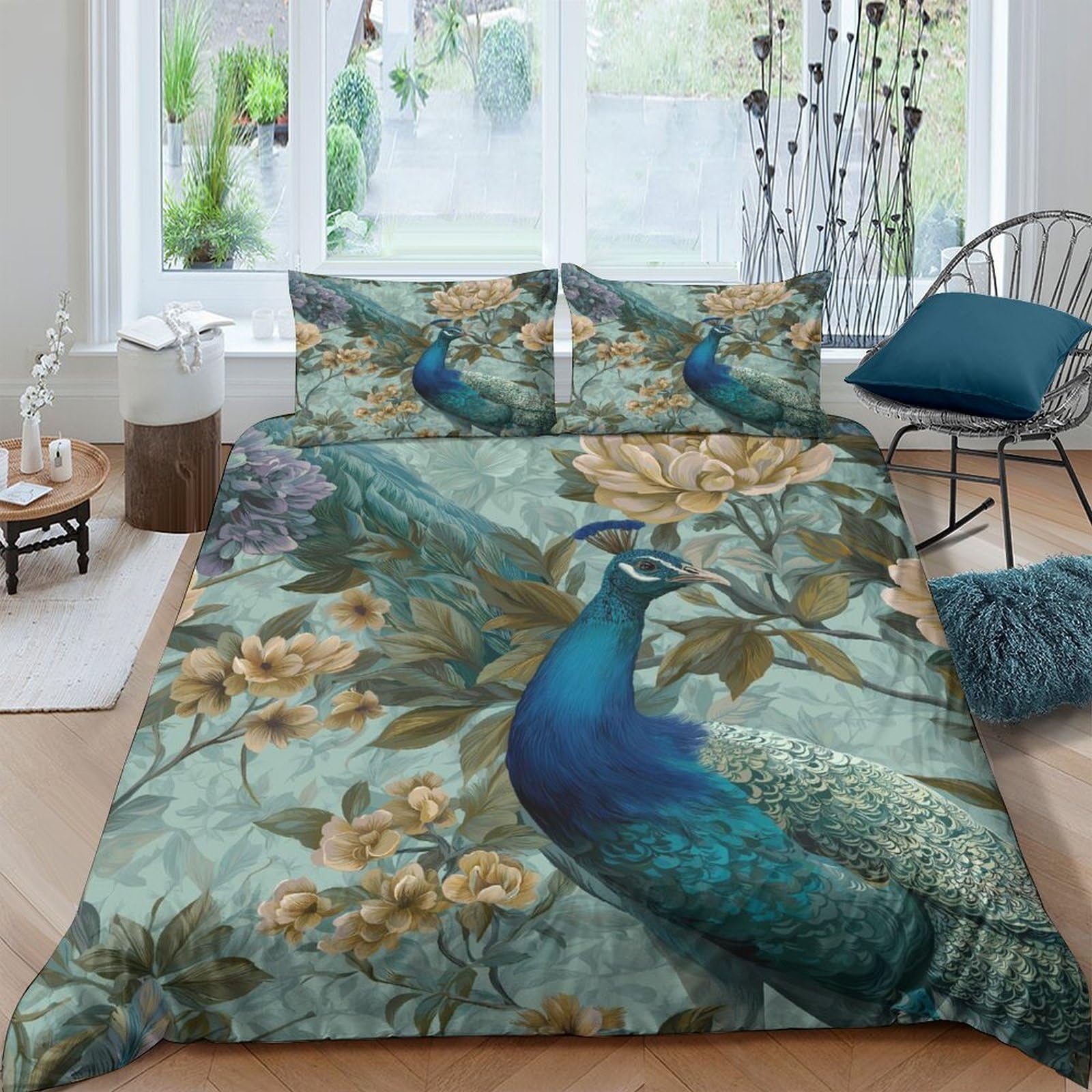 TUFRTGYHN 3D Printed Peacock Floral Duvet Cover Set Microfiber Soft Breathable Blue Green Bedding with 2 Pillowcases for Bedroom Home Single（135x200cm）