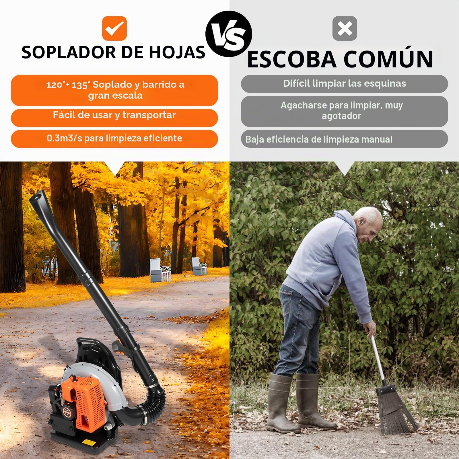 2Tiempos 63cc Mochila Soplador Hojas, 2,7kW Soplador de Hojas Gasolina 6800r/min, Soplador de Aire Potente Jardin con 1,8L Depósito, Tubo de soplado Giratorio para Limpiar Hojas Nieve