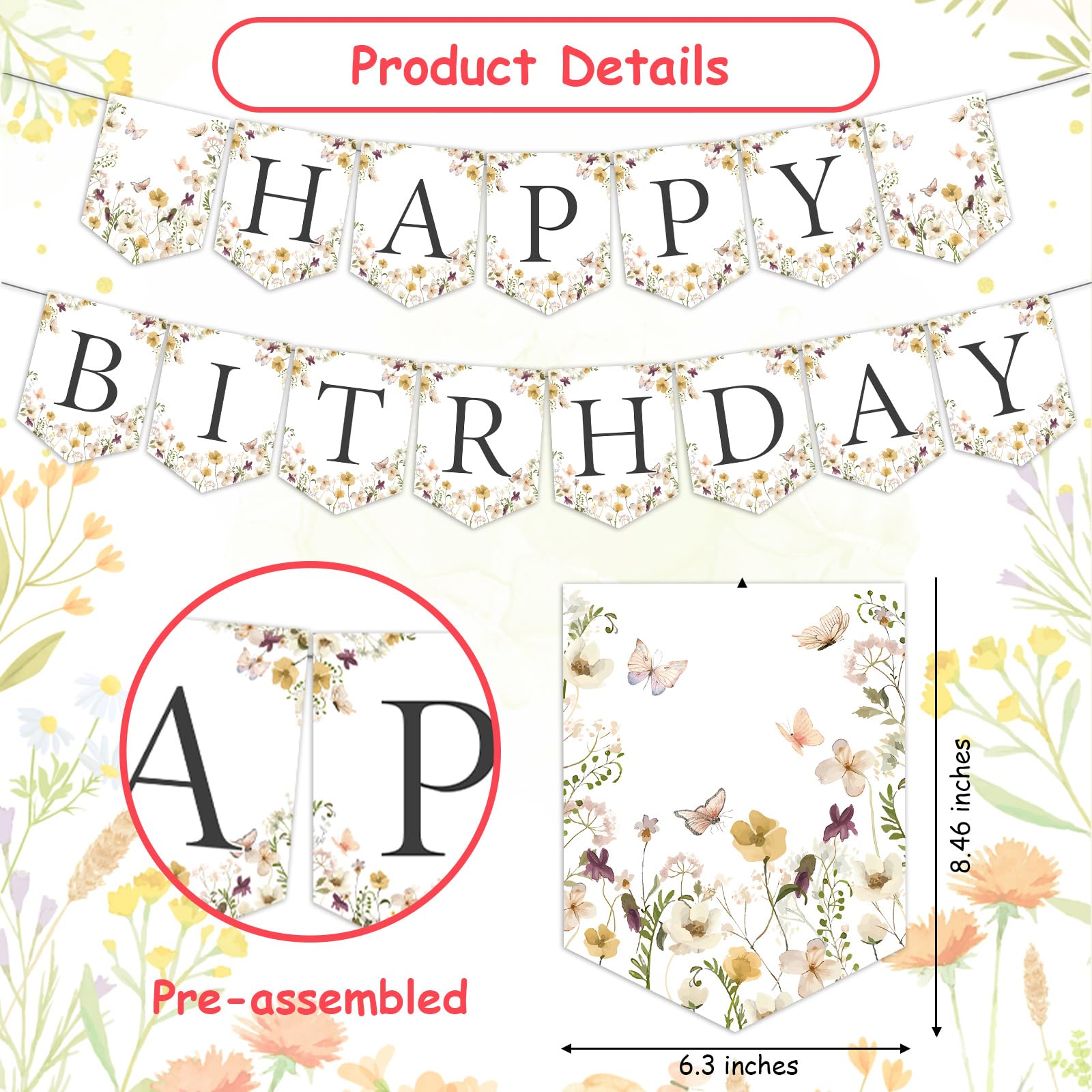 Jollyboom Wildblumen Geburtstags-Banner – Boho Floral Design, Vormontiert, Kein DIY – Für Mädchen-Party, Deko Wand Oder Tisch