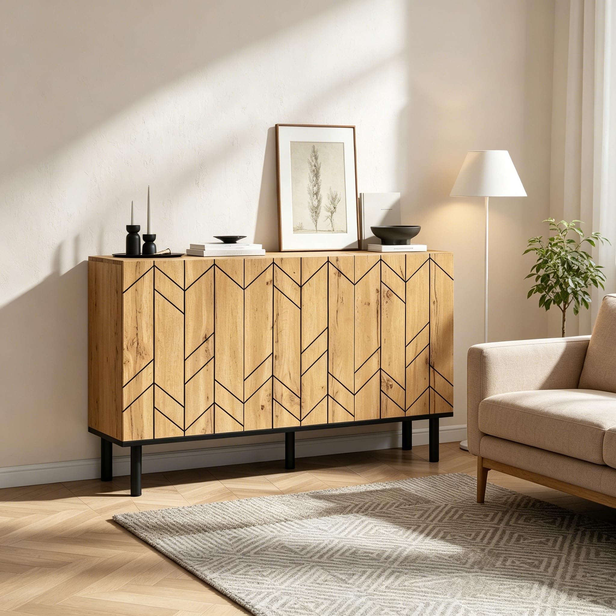 MURUL Aparador moderno de 120 x 35 x 70 cm, con 3 puertas y taquillas, diseño ondulado, de madera aglomerada resistente con patas de metal, soporta hasta 50 kg, para salón, comedor, pasillo, color