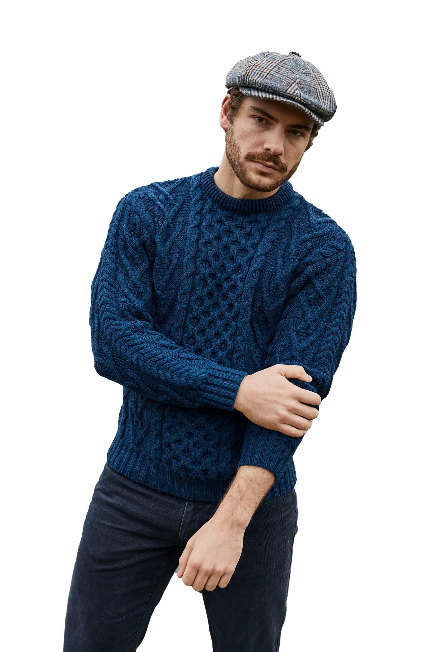 saol 100% Merino Wool Men's Irish Traditional Aran Crew Neck Cable Knit Sweater Pullover-picture-53