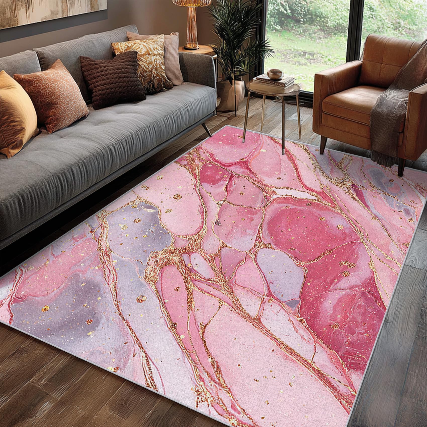 Générique Tapis Marbre Rose, Tapis Salon Motif Texture Fluide Abstrait Or 200x300 cm, Pile Courte, Antidérapant, pour Carpette Chambre, Descente de Lit, Lavable Interieur, Decoration Maison A(300)