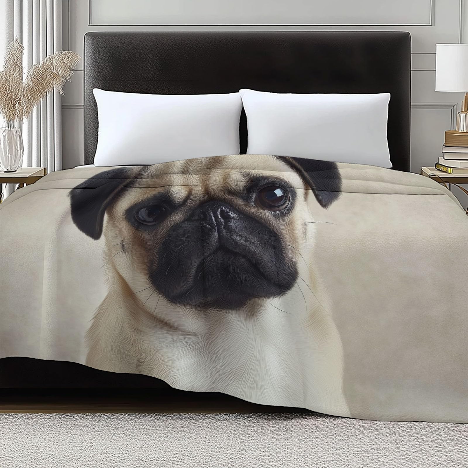 Koc polarowy flanelowy mops ze zwierzęciem, narzuta na sofę, wygodna narzuta na łóżko 2-osobowe w kratę zimowy, 220 x 240 cm khaki