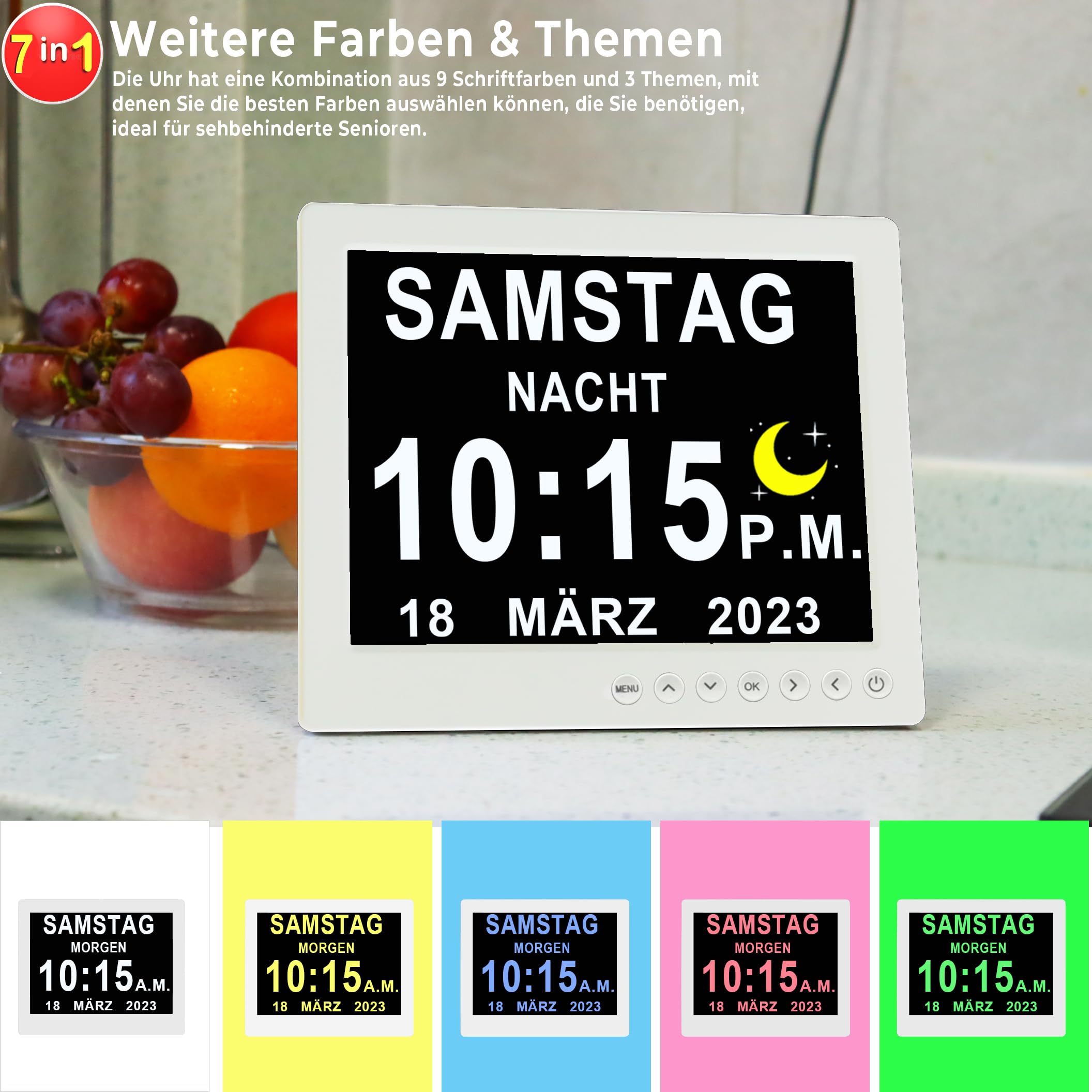 Véfaîî 2024 New, 8 Zoll Digitaler Wecker Wanduhr mit Fernbedienung 19 Alarme,Seniorenuhr Kalender und Foto-Funktion - für Senioren & Demenzkranke (z.B. Alzheimer)