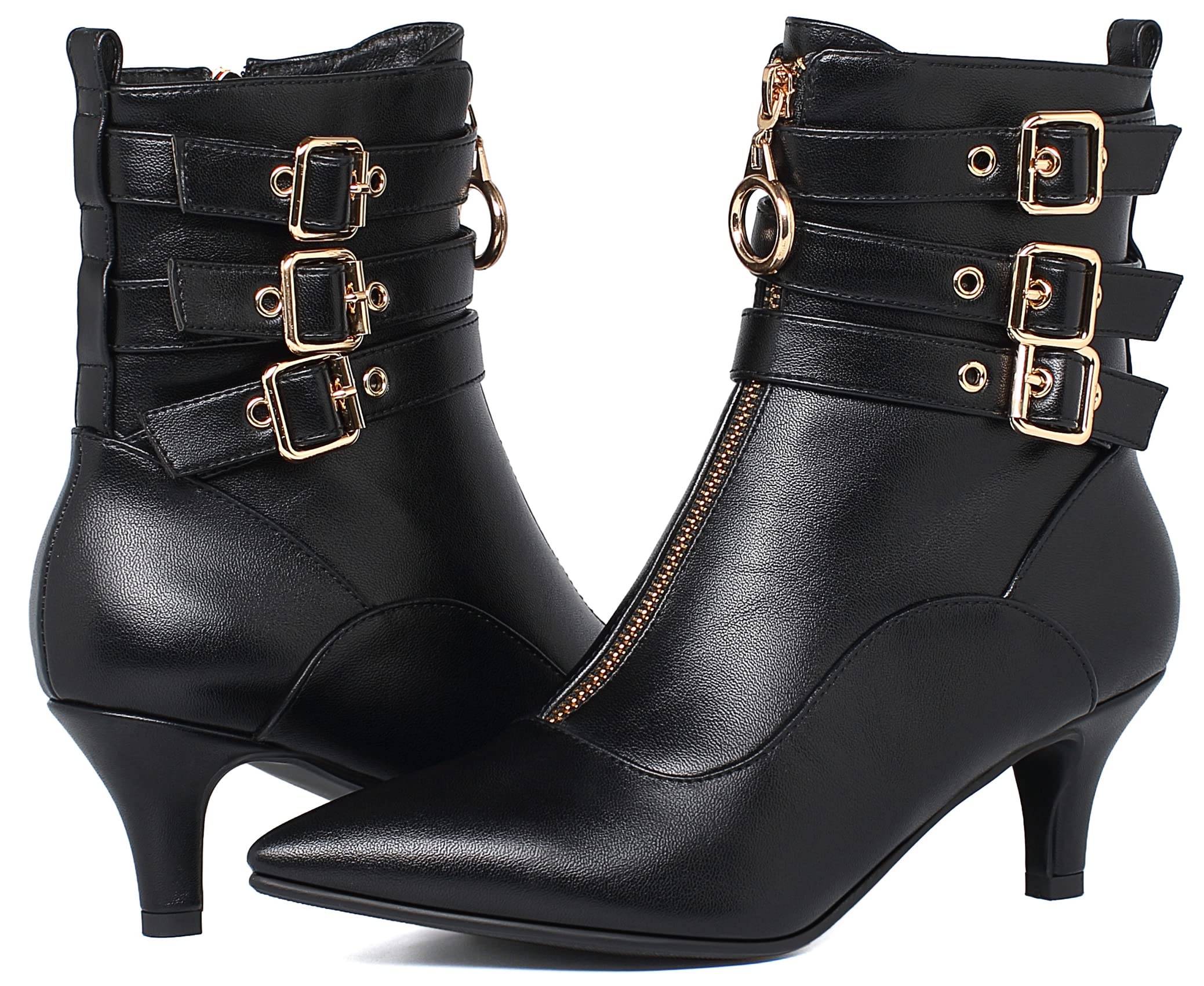 KISSASA Womens Buckle Strap Kitten Heel Booties Pointed Toe Zipper Ankle Boots