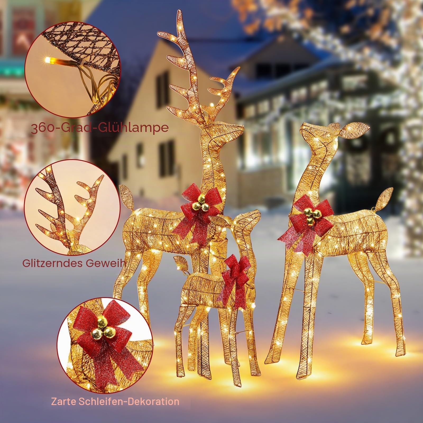 3 Stück Rentier Beleuchtet Aussen,Große Weihnachtsdekoration für den Draußen,mit 360° LED-Licht, Erdspießen, Wasserdicht, Goldfarben, für Hof, Terrasse, Restaurant Weihnachtsdeko
