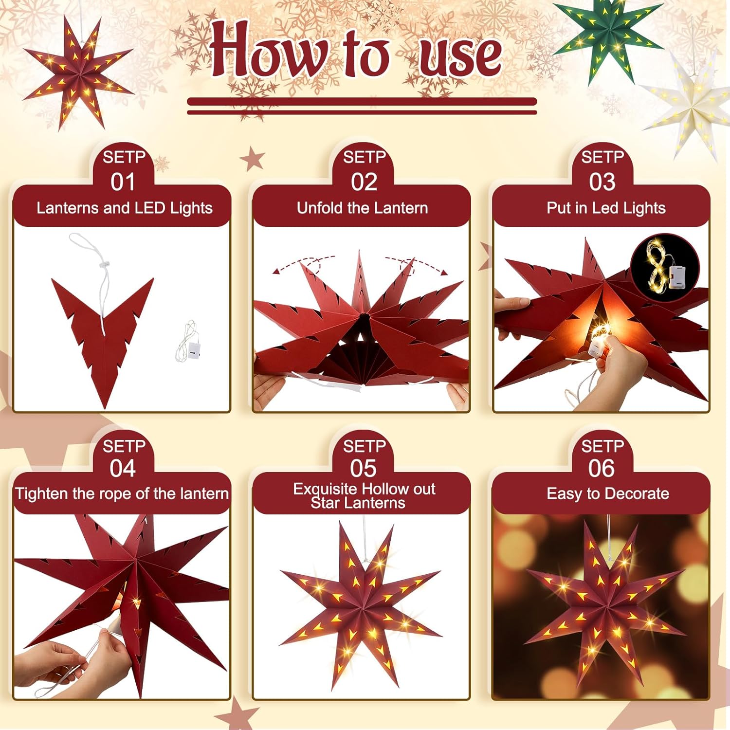 Baquler 10 Set 8-Pointed 12 Inch Paper Star Lanterns Christmas Hanging Lamp Decorations 3D Lampshade Hanging Decor with 10 LED Light for Xmas New Year(Red, Green, White)