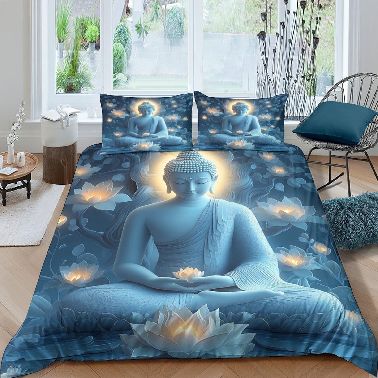 Ctjqhvkz Style-10 3D Printed Blue Buddha Meditation Fitted Sheet Microfiber Lotus Bed Cover Decor Anti-Slip Bedroom Guest Room Single（135X200cm）