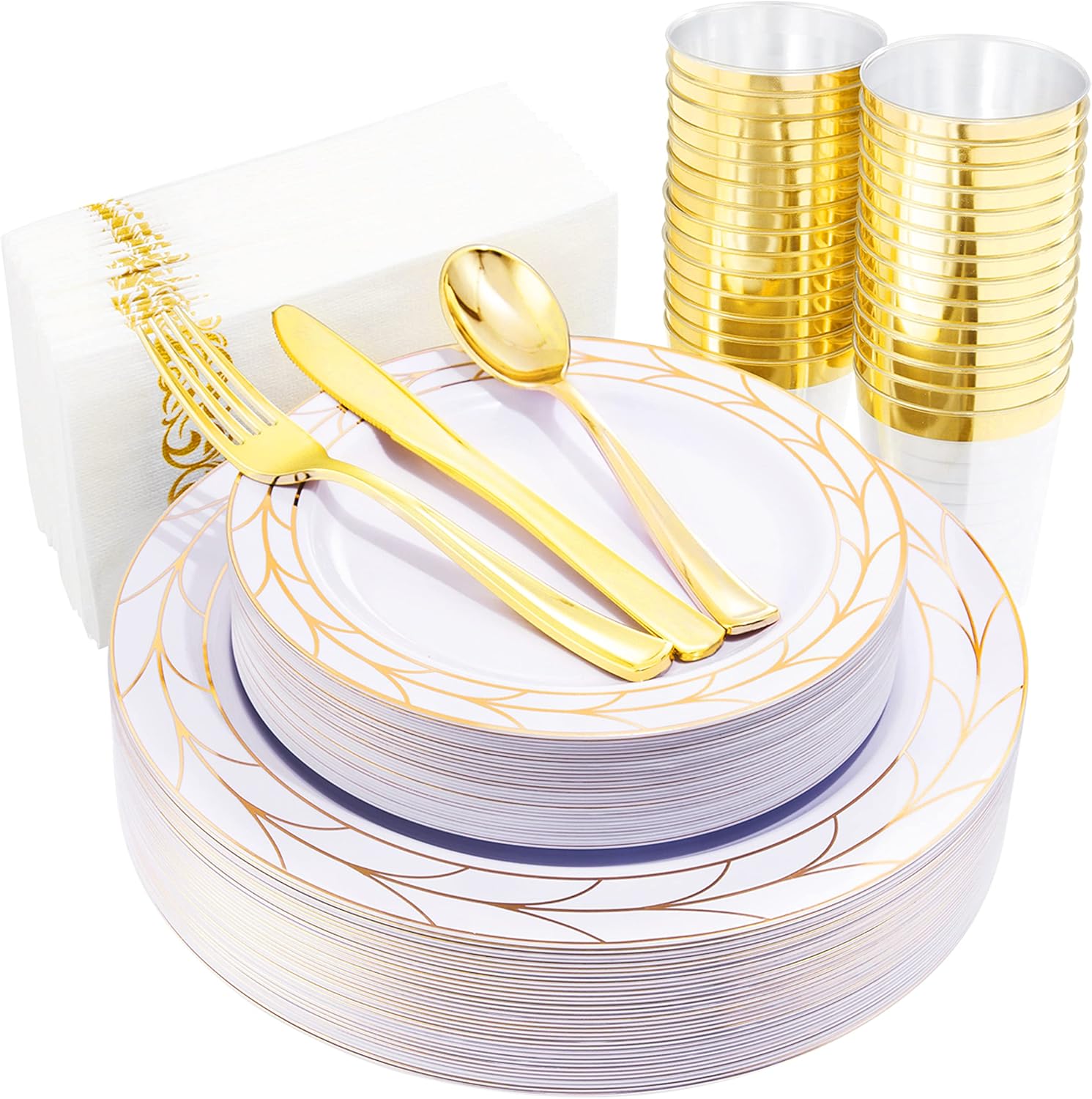 COLOSUS 175pcs Disposable Gold Plastic Plates and Silverware set Include Plastic Dinner Plate/Dessert Plate/Gold Silverware/Cup/Napkins 25pcs of each, New Year Dinnerware Set for 25guests.