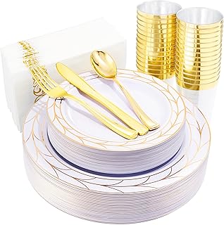 COLOSUS 175pcs Disposable Gold Plastic Plates and Silverware set Include Plastic Dinner Plate/Dessert Plate/Gold Silverware/Cup/Napkins 25pcs of each, New Year Dinnerware Set for 25guests.